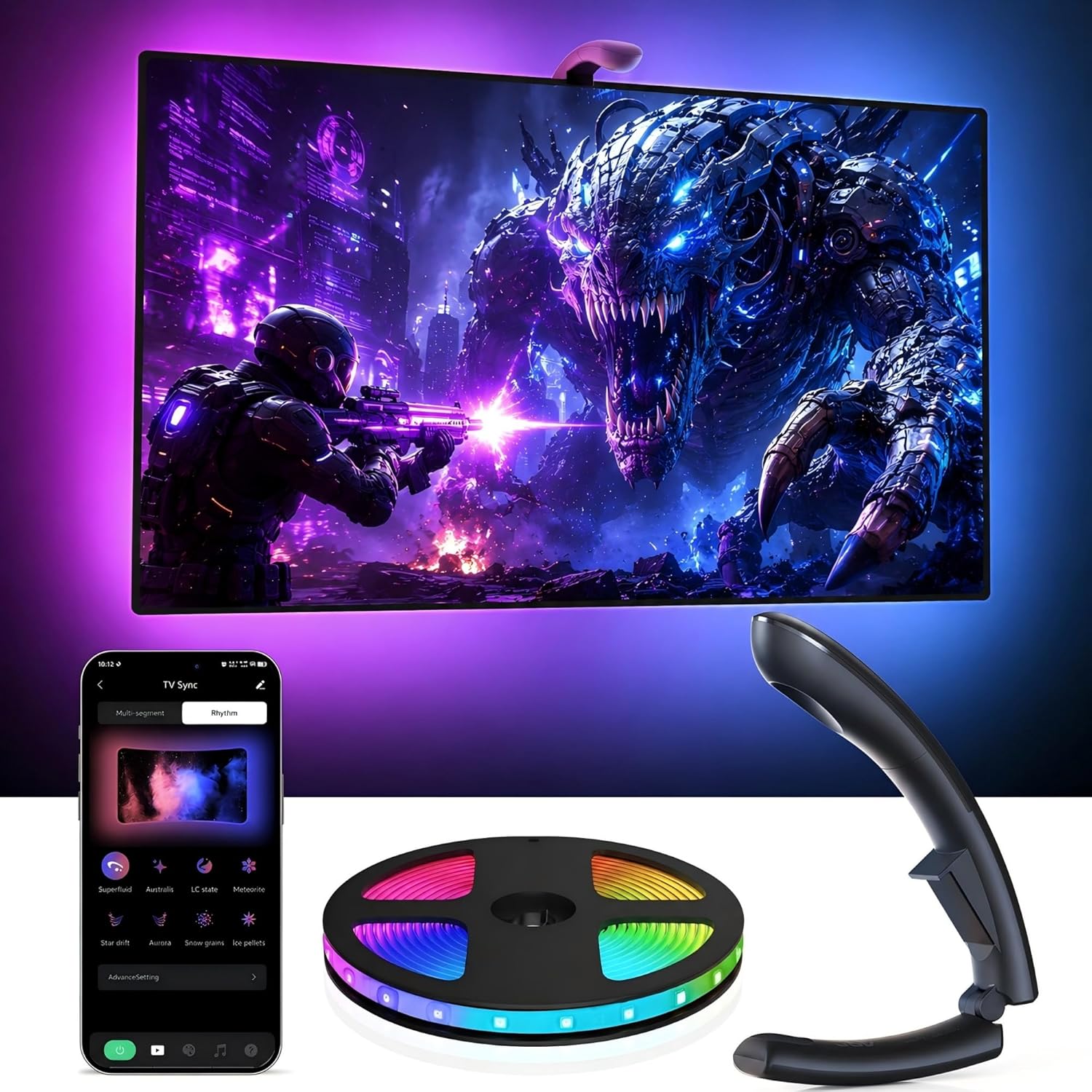 AOC TV Backlight Sync to Screen, Behind TV LED Changing Lighting for 75-85 Inch TVs, RGB LEDs Strip Lights with Sensor for Home Decorations Smart App Control, Movie Game Music & DIY Mode, 18.0FT