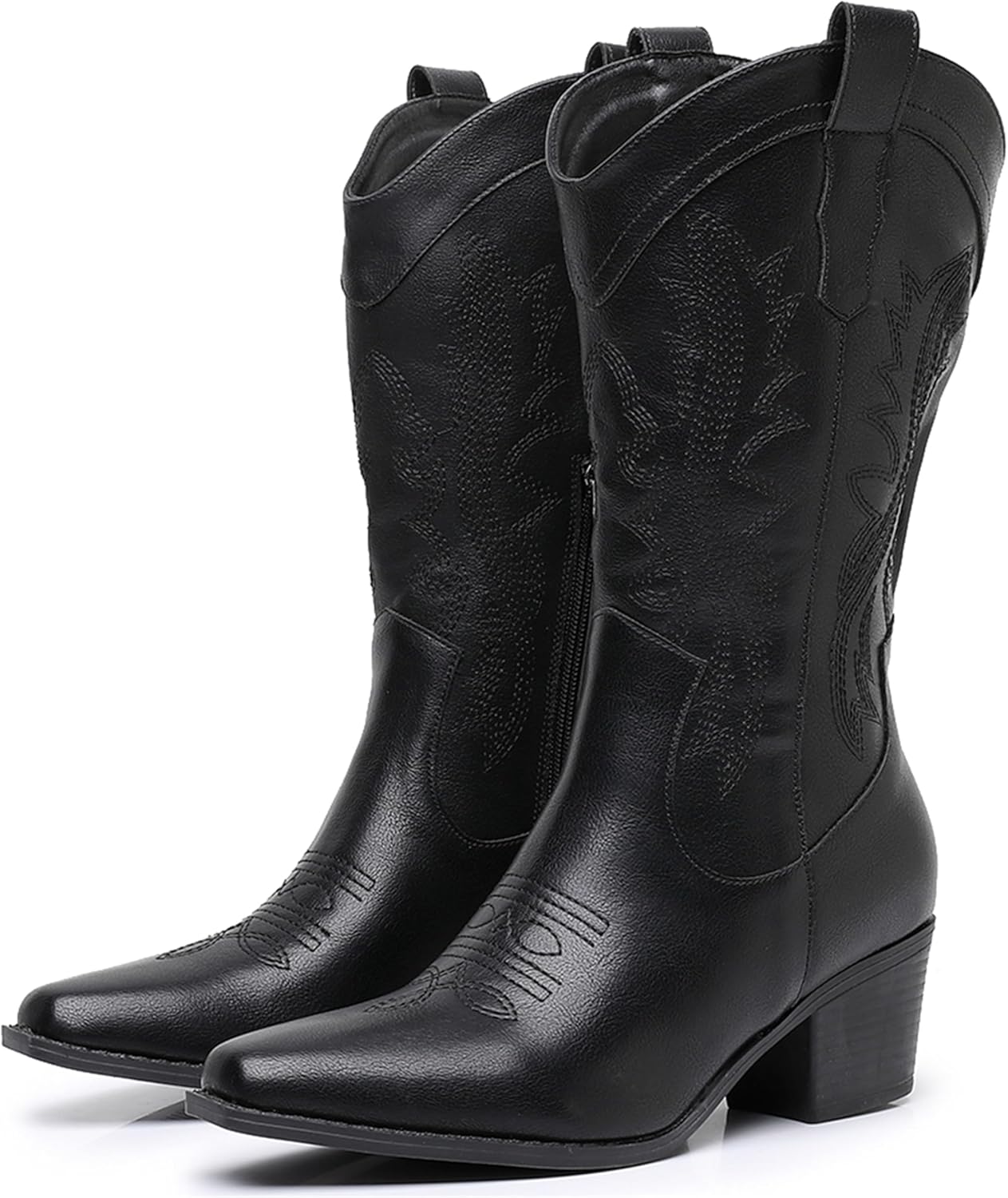 Cowboy Boots for Women, Western Brown Black Cowgirl Boots with Snip Toe Chunky Heel Mid Calf Cow Girl Boots
