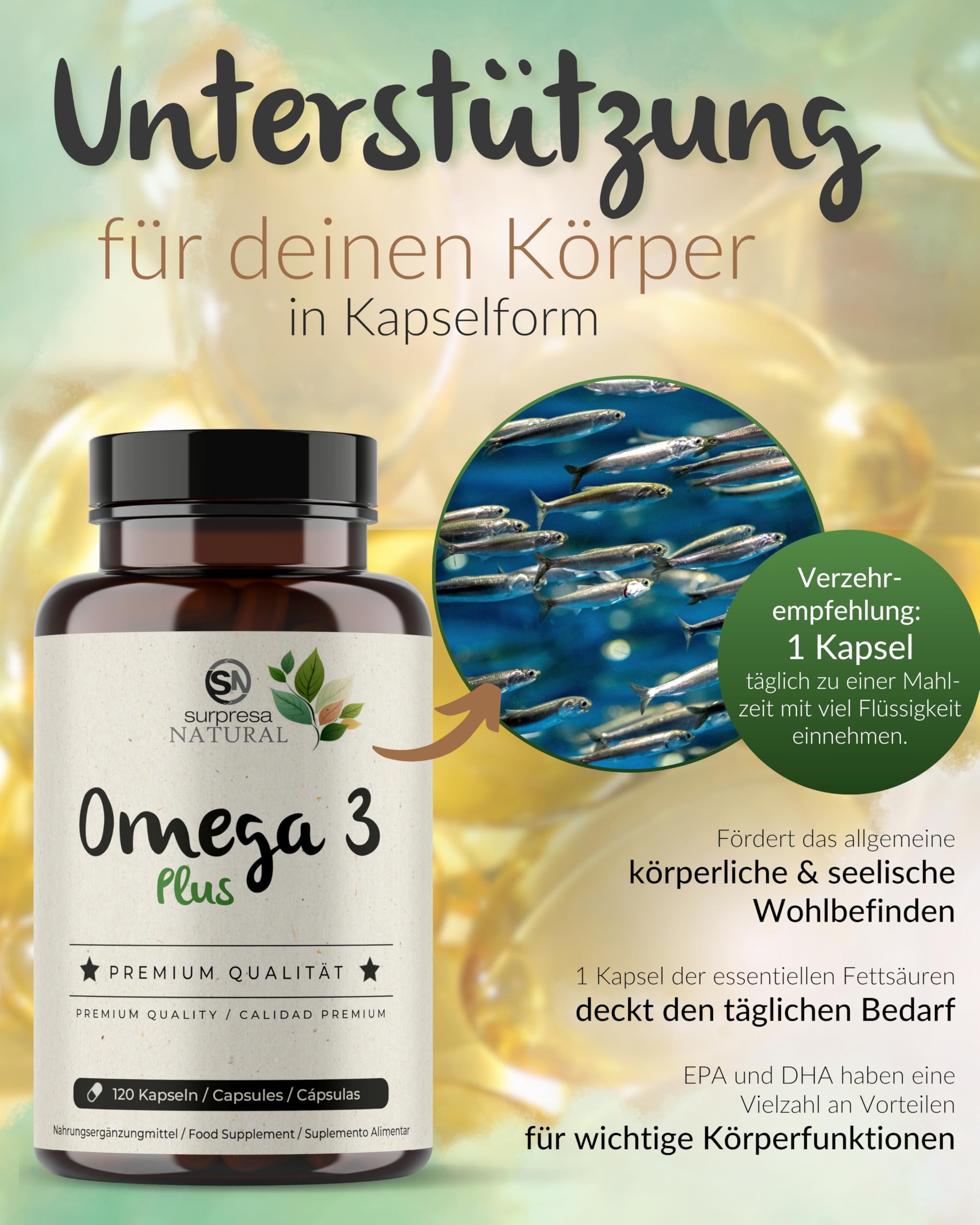 Omega 3 Kapseln hochdosiert I 1x 120 Kapseln I 1000mg Fischöl pro Kapsel I 500mg EPA & 250mg DHA pro Kapsel I Essentielle Fettsäuren I Laborgeprüft, laktosefrei & glutenfrei