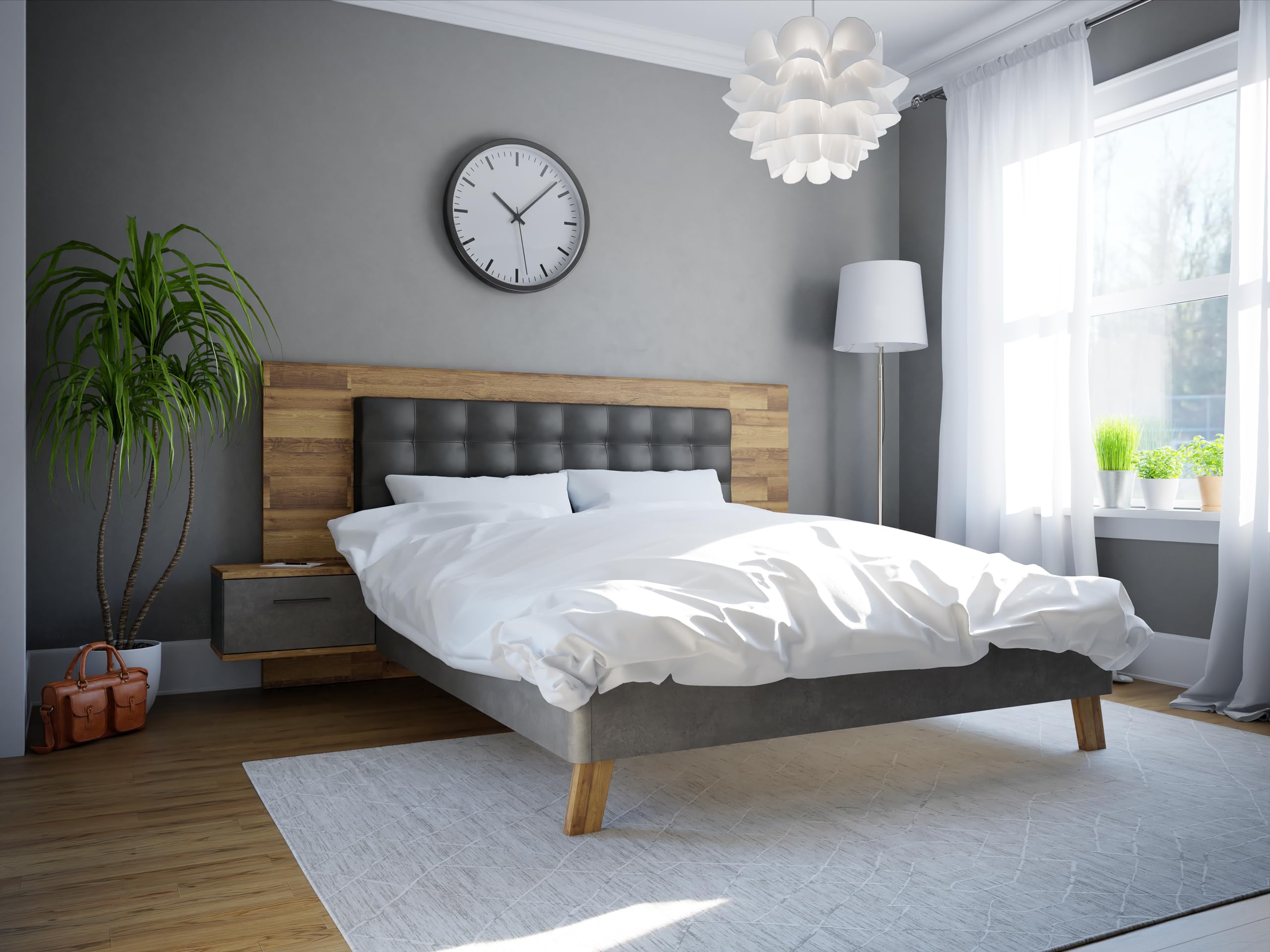 Forte RICCIANO Bett 260 270, Modernes Bett + 2 Nachtkommoden mit 2 Schubladen, Schlafzimmer, Holzwerkstoff, Stabeiche Holzdekor/Betonoptik Dunkelgrau, 266,5 cm breit x 120 cm hoch x 209,9 cm tief