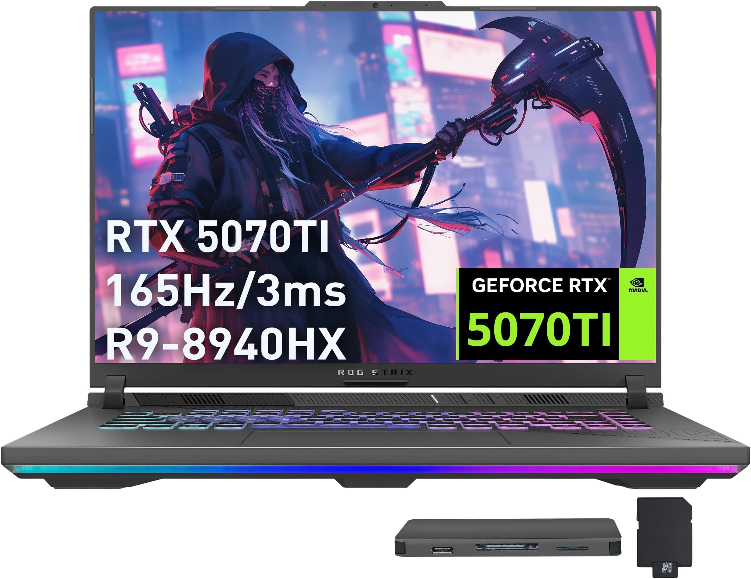 ROG Strix G16 Gaming Laptop, GeForce RTX 5070 Ti 12GB GDDR7, AMD Ryzen 9 8940HX, 16GB DDR5, 1TB SSD, Backlit Keyboard, FHD Camera, 16" WUXGA 165Hz Display, Win 11, Gray, 1TB Docking Station Set