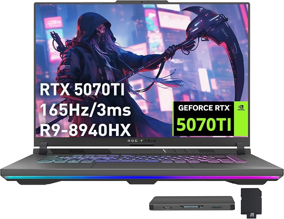 ASUS ROG Strix G16 Gaming Laptop, GeForce RTX 5070 Ti 12GB GDDR7, AMD Ryzen 9 8940HX, 32GB DDR5, 1TB SSD, Backlit Keyboard, FHD Camera, 16" WUXGA 165Hz Display, Win 11, Gray, 1TB Docking Station Set