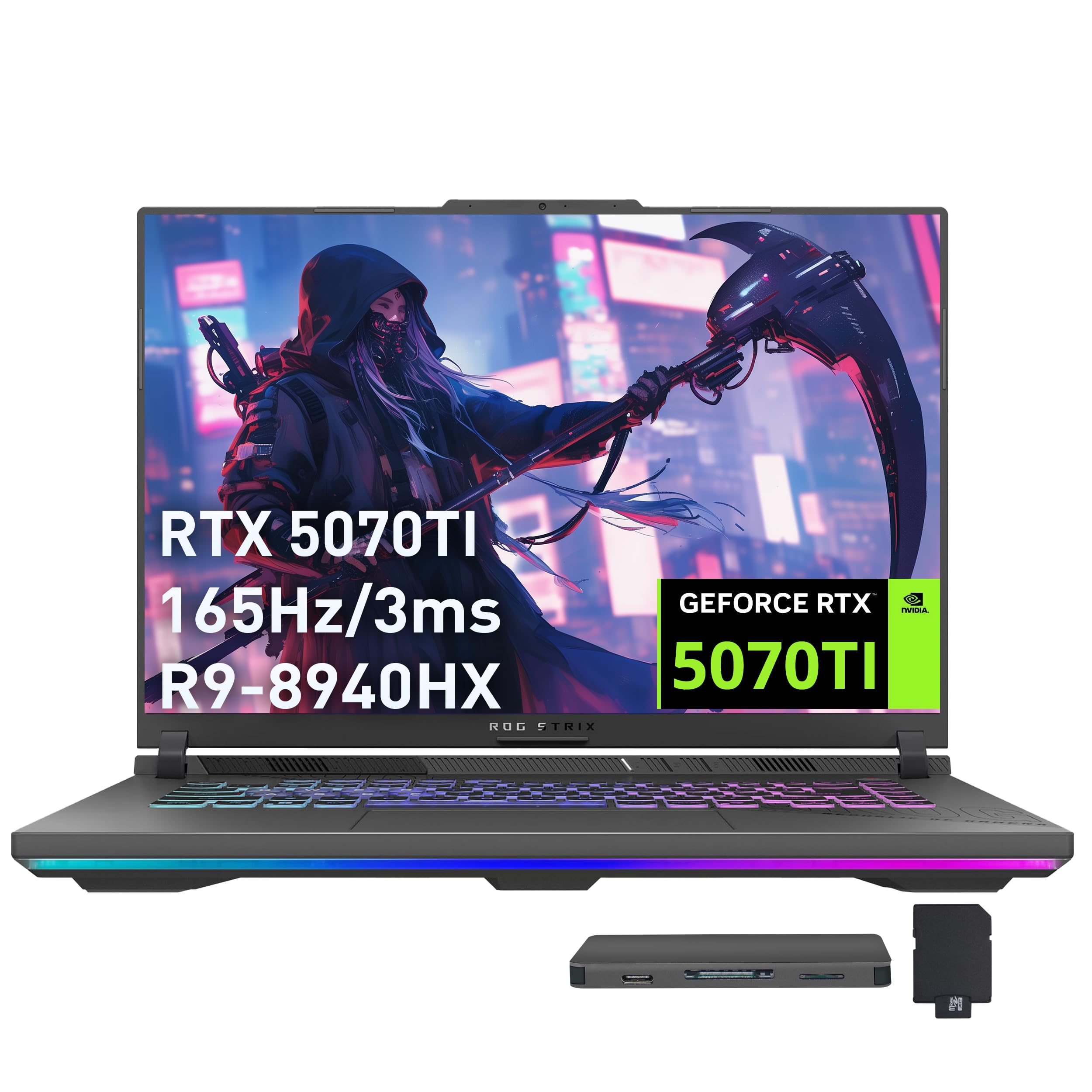 ASUS ROG Strix G16 Gaming Laptop, GeForce RTX 5070 Ti 12GB GDDR7, AMD Ryzen 9 8940HX, 16GB DDR5, 1TB SSD, Backlit Keyboard, FHD Camera, 16" WUXGA 165Hz Display, Win 11, Gray, 1TB Docking Station Set