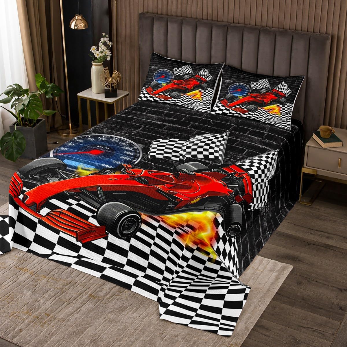Cool Racing Car Bedspread King Size 3 Pcs,3D Abstract Black White Geometric Grid Bedding Set for Kids Boys Teens,Race Competition Flag Game Style Coverlet Set with 2 Pillowcases