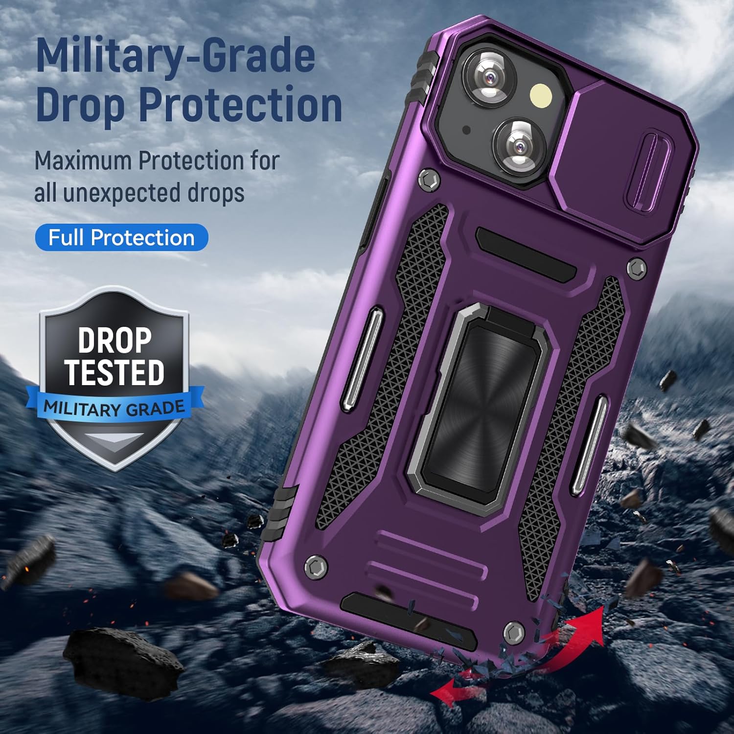 Case for iPhone 15 Phone Case with Camera Lens Cover, with Ring Holder Kickstand, fit Magnetic Car Mount, for iPhone 15 (Purple) - Image 5