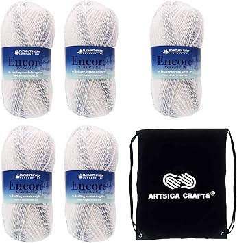 Plymouth Yarn Encore Worsted Colorspun Denim Frost 7751 Knitting Yarn | 5 Skeins, Same Dye Lot, with Project Bag, Medium Weight #4, 75% Acrylic/25% Wool Blend, Ideal for Crochet