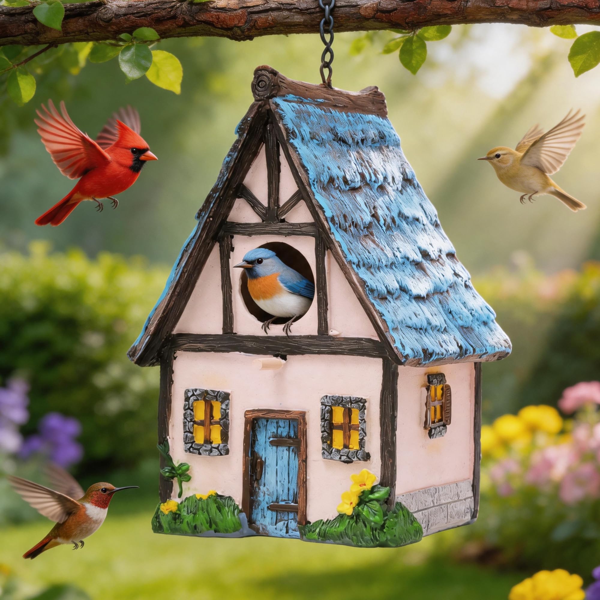 Attivolife Bird House for Outdoor, Pink Cottage Garden Decor with Flower & Stone Details, Birdhouse Gifts for Mom Grandma Bird Lover, Weatherproof Resin Bluebird Finches Cardinals House Yard Patio Art