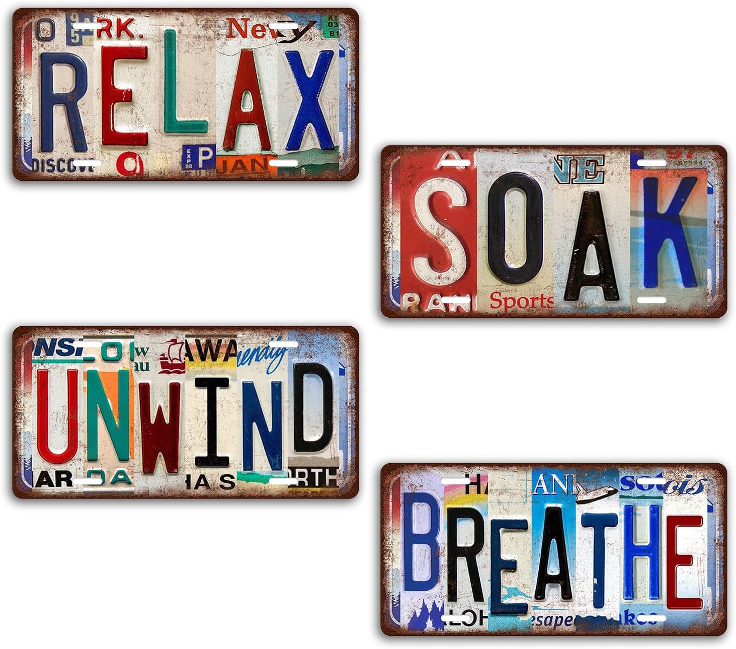 4 Pces Vintage Bathroom License Plate Relax Soak Unwind Breathe Wall Decor Farmhouse Metal Tin Sign