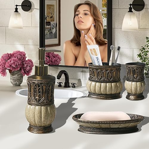 Miniatura 2 de Pumkins - Juego de accesorios de baño, estilo retro, incluye 1 taza, 1 soporte para cepillos de dientes, 1 jabonera y 1 dispensador de jabón,