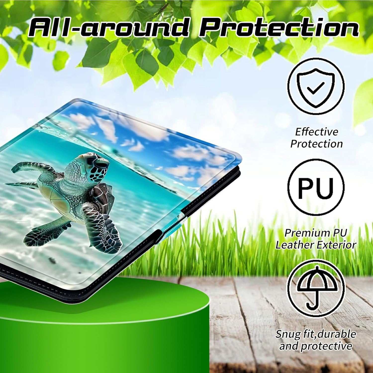 for Walmart Onn 10.1 2024 Onn 10.1 Gen 4 Universal Tablet Case, 360 Degree Rotating Kickstand Protective Stand Case with Multiple Viewing PU Leather Shell Case, Turtle