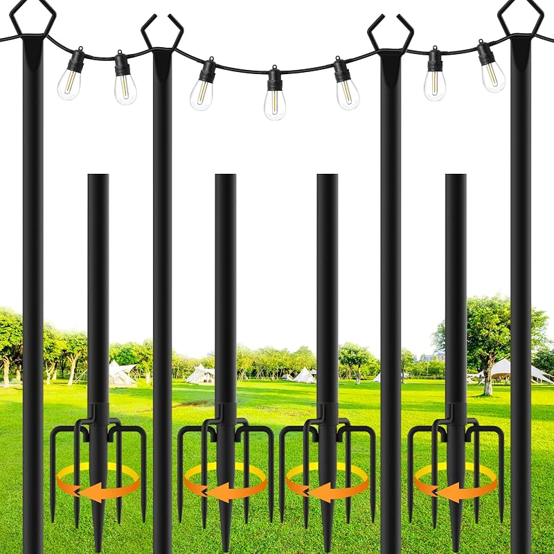 SINLEY 4 Pack String Light Poles,10 Ft Metal Poles with Fork for Outdoor String Lights,Outdoor Light Poles with Fork,Poles/Post/Stand for Outside,Patio,Deck (6 Pack 10FT String Light Pole)