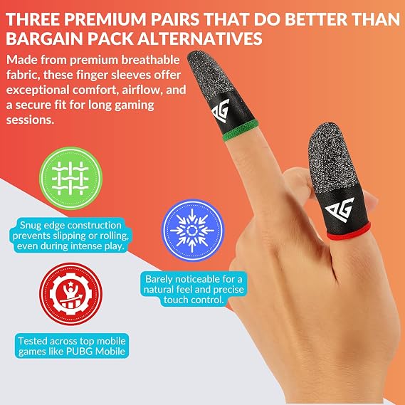 Finger Sleeves for Mobile Gaming, 3 Pairs Hybrid Carbon & Silver Fibre, Ultra Sensitive & Breathable 0.3 mm, Anti-Sweat, Anti-Dryness, Compatible with PUBG Mobile