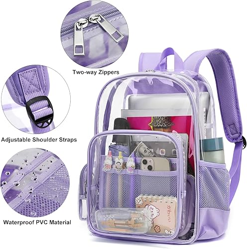 Miniatura 5 de Mimfutu Mochila escolar transparente resistente, mochilas transparentes de PVC transparente para niñas, niños, mujeres y hombres, Púrpura lavanda,