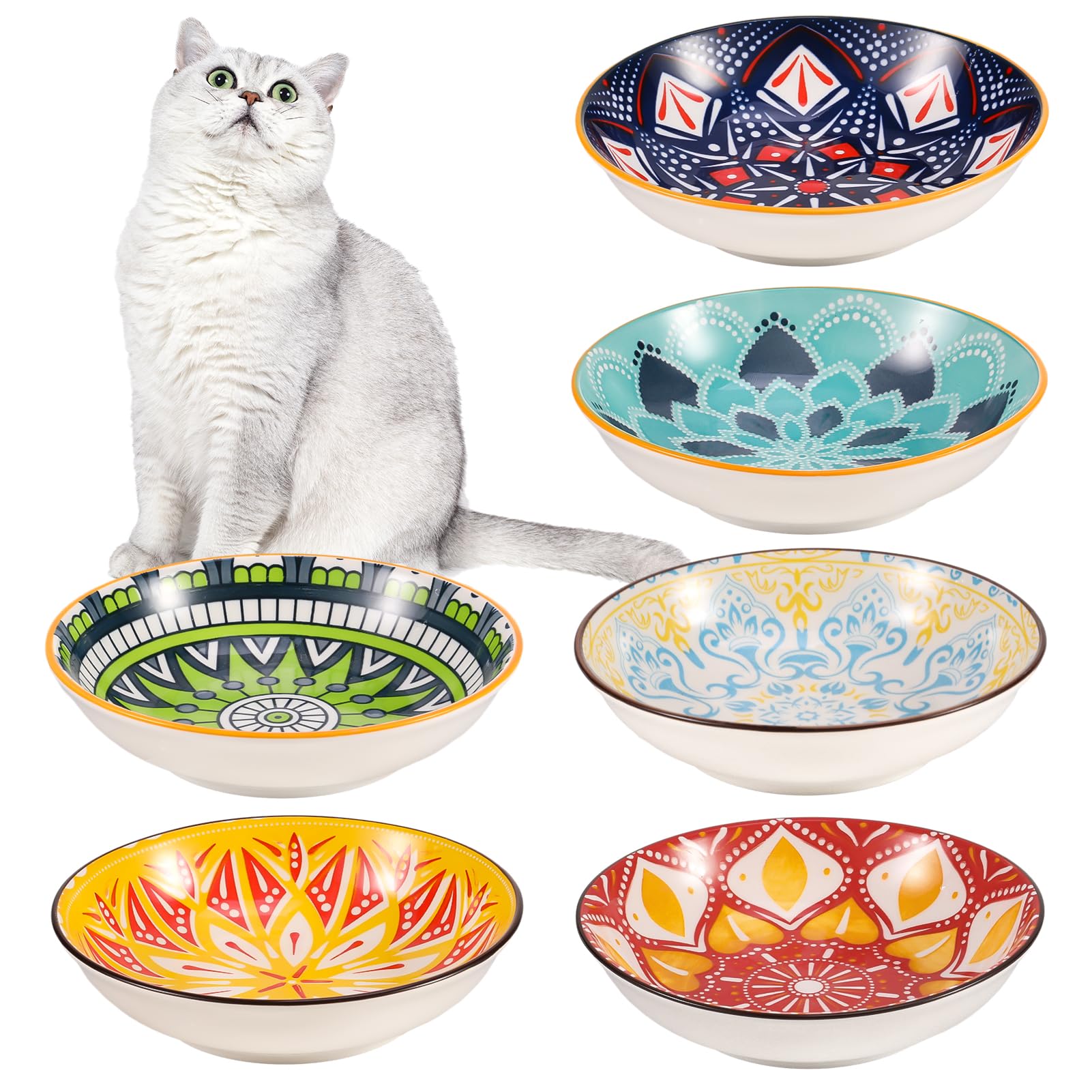 Radsocken 6 PCS Cat Bowls Ceramic, 5.5 Inches Cat Dishes and Bowl Wide Shallow Cat Food Bowls, Colorful Anti Whisker Fatigue Kitten Feeding Dishes Cats Plates for Indoor Cats Kitten