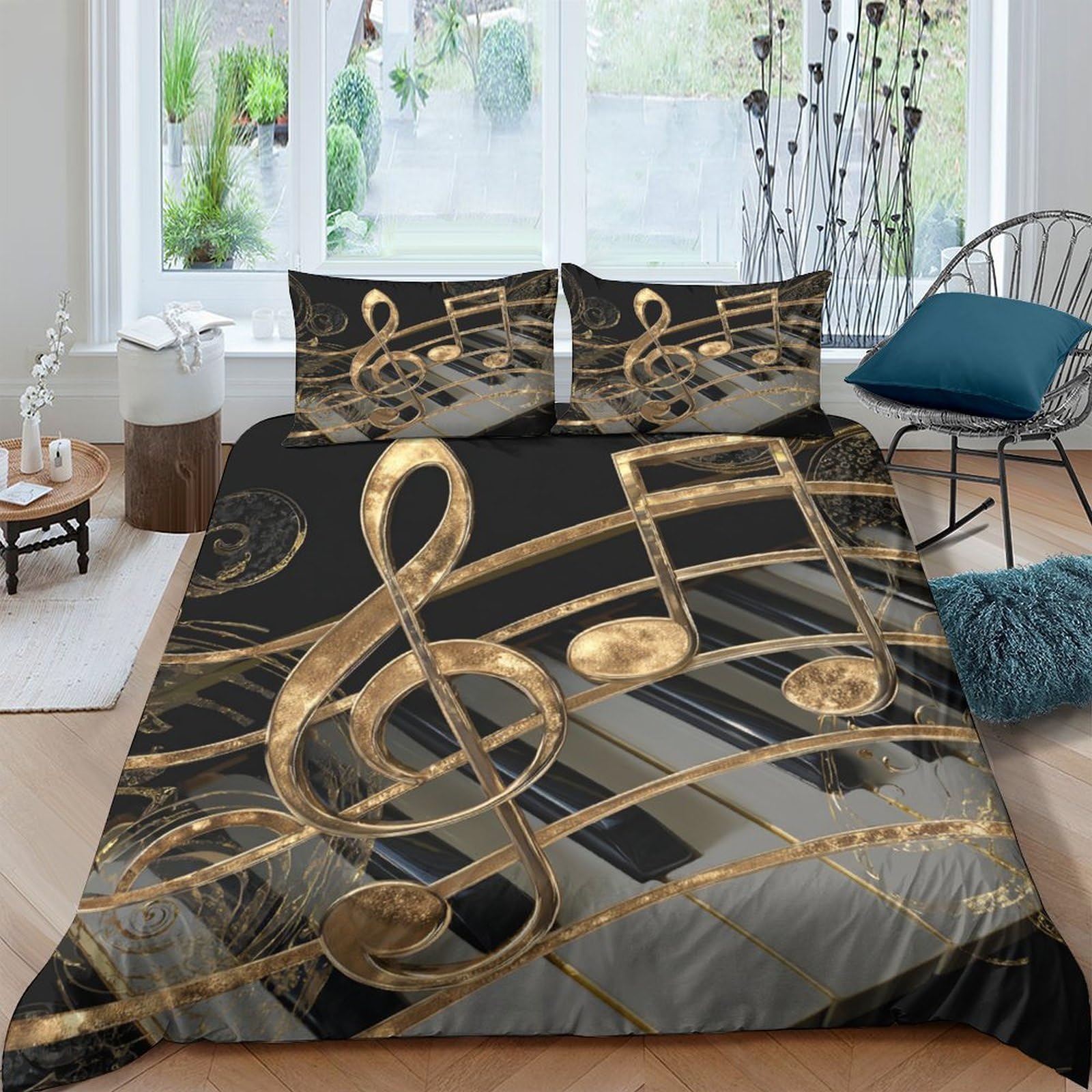 GPLZQXKJNH 3D Printed Gold Musical Notes Duvet Cover Microfiber Soft Breathable Black Staff Bedding Set with 2 Pillowcases for Bedroom Decor Single（135x200cm）