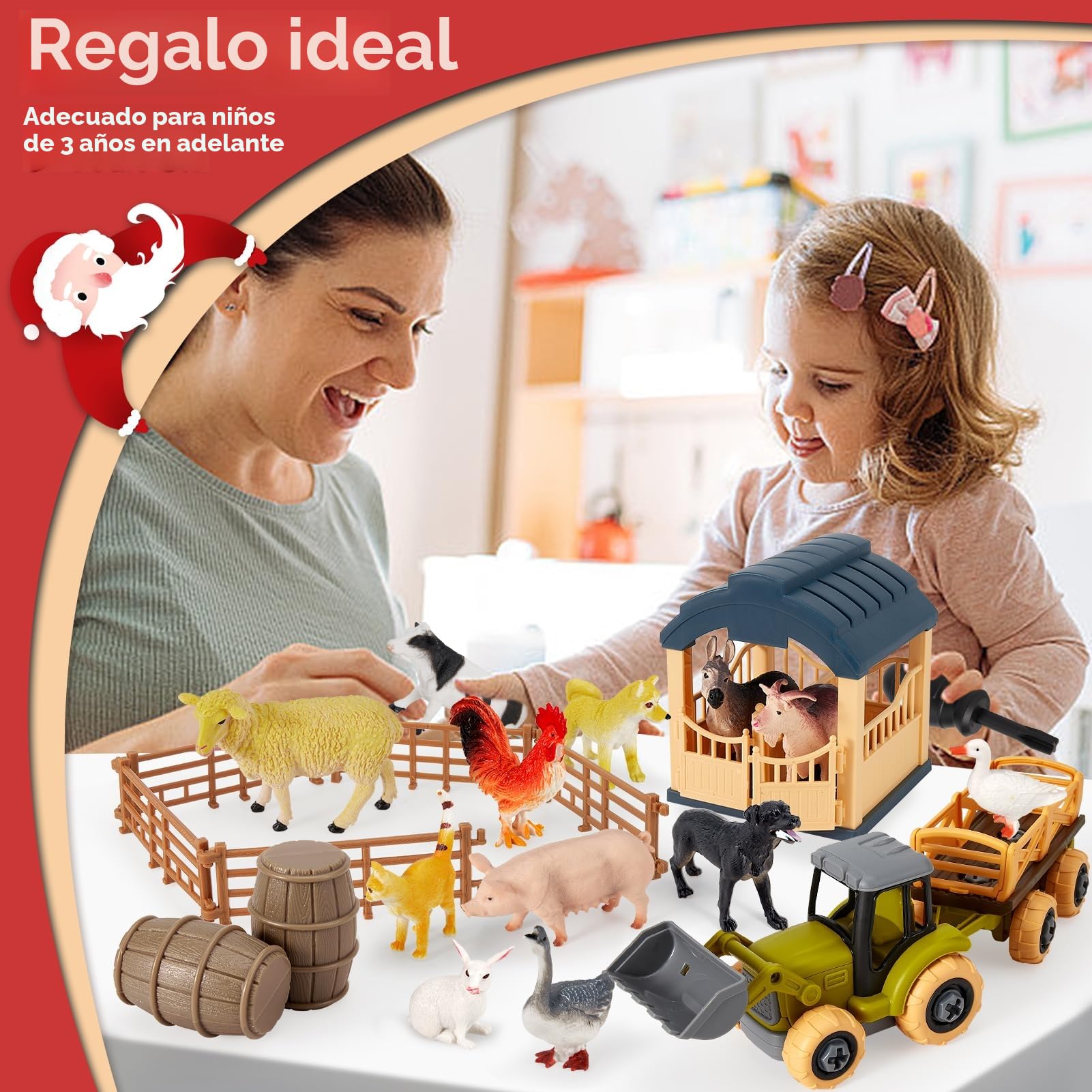 BUYGER Animales Granja de Juguete para Niños 3+ Años, Granja Desmontable con Animales Realistas, Camión y Vallas, Juguetes Educativos Montessori para Niños y Niñas de 3 4 5 6 Años