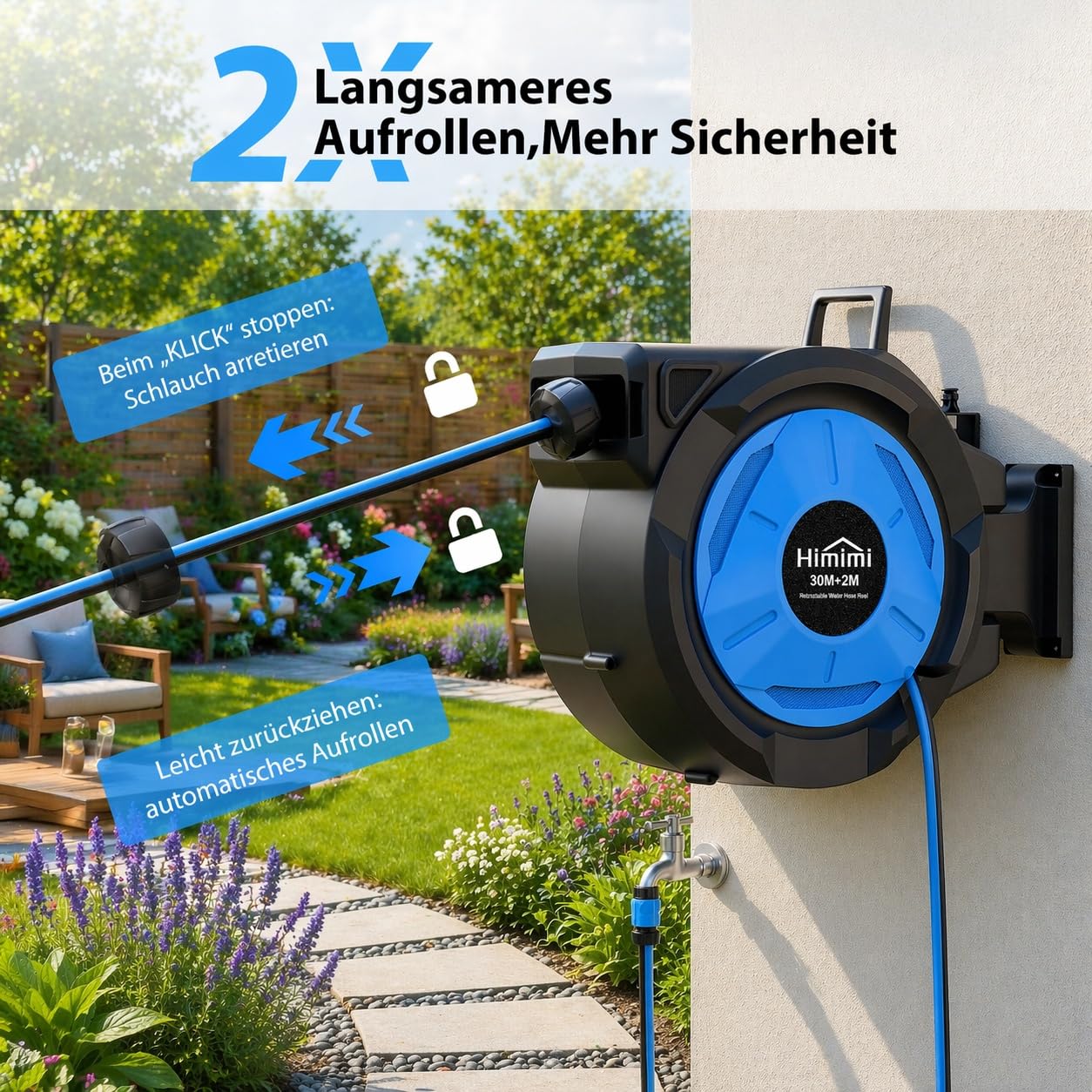 Himimi Ausziehbare Wand-Schlauchtrommel 30 m + 2 m 1/2 Zoll, automatischer Gartenschlauch mit langsamem Rückzug, stufenloser Arretierung, 180° Wandhalterung, UV- & frostbeständig für Garten & Terrasse