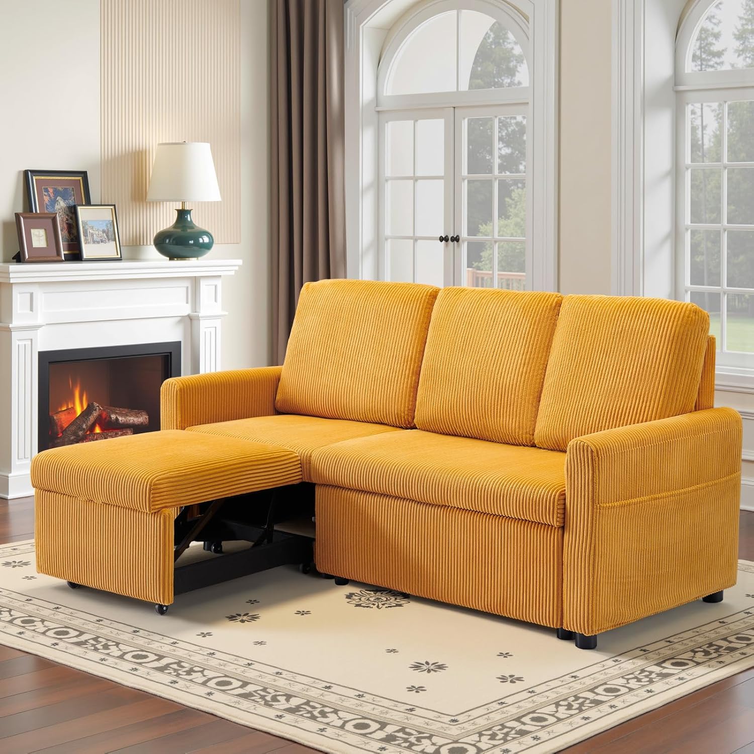 Convertible Sectional Sofa Couch, 71" Corduroy Fabric Modern 3 Seater L-Shaped Sofa with Reversible Chaise & Seats Storage, Deep Seat Sleeper Couch for Living Room Small Spaces, Yellow