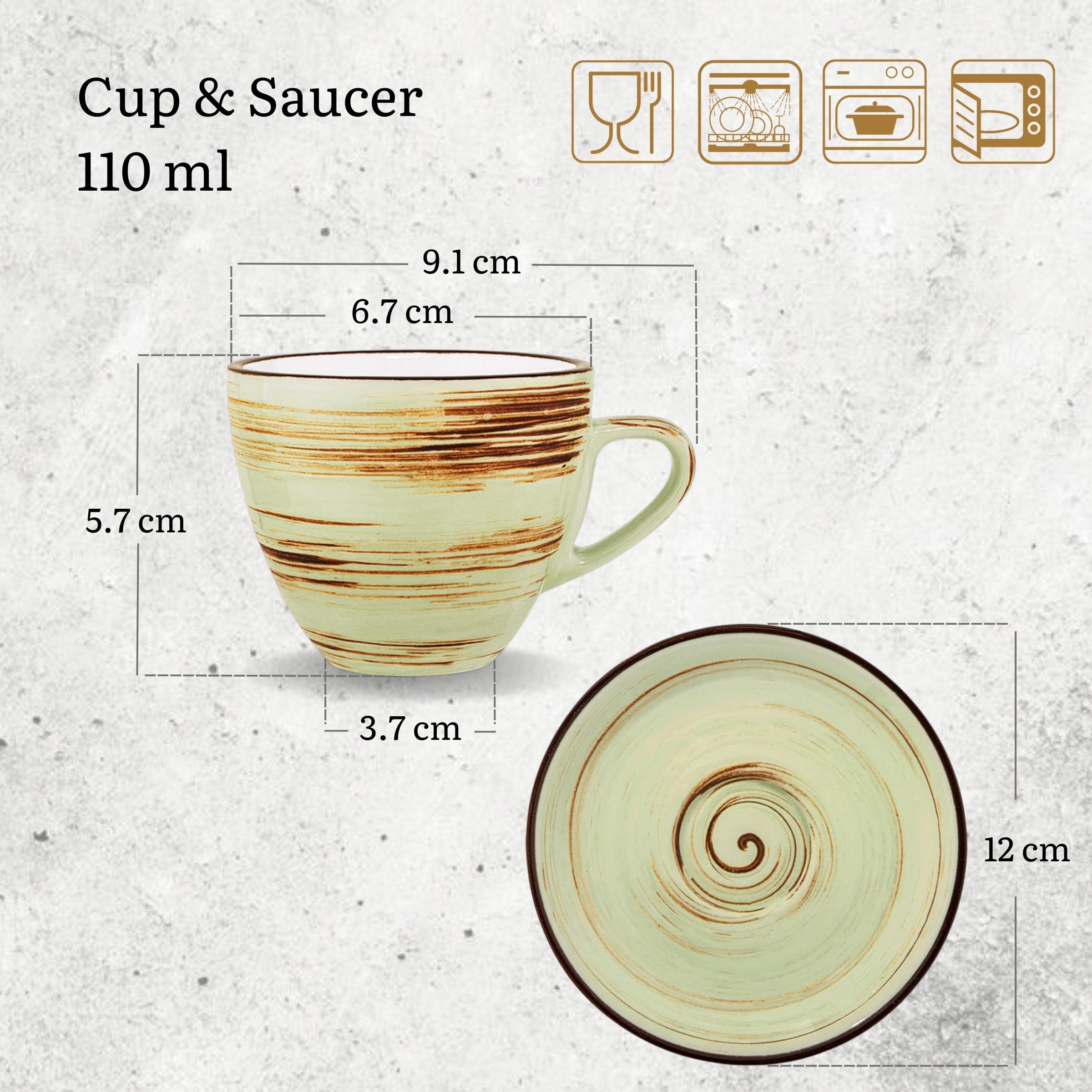 Wilmax | SPIRAL Tassen mit Untertassen | 6er-Set | 110 ml | Tassenset aus Porzellan | Becher Für Getränke, Desserts, Café | Modernes Design | Teetassen | Kaffeetassen | Spülmaschinenfest