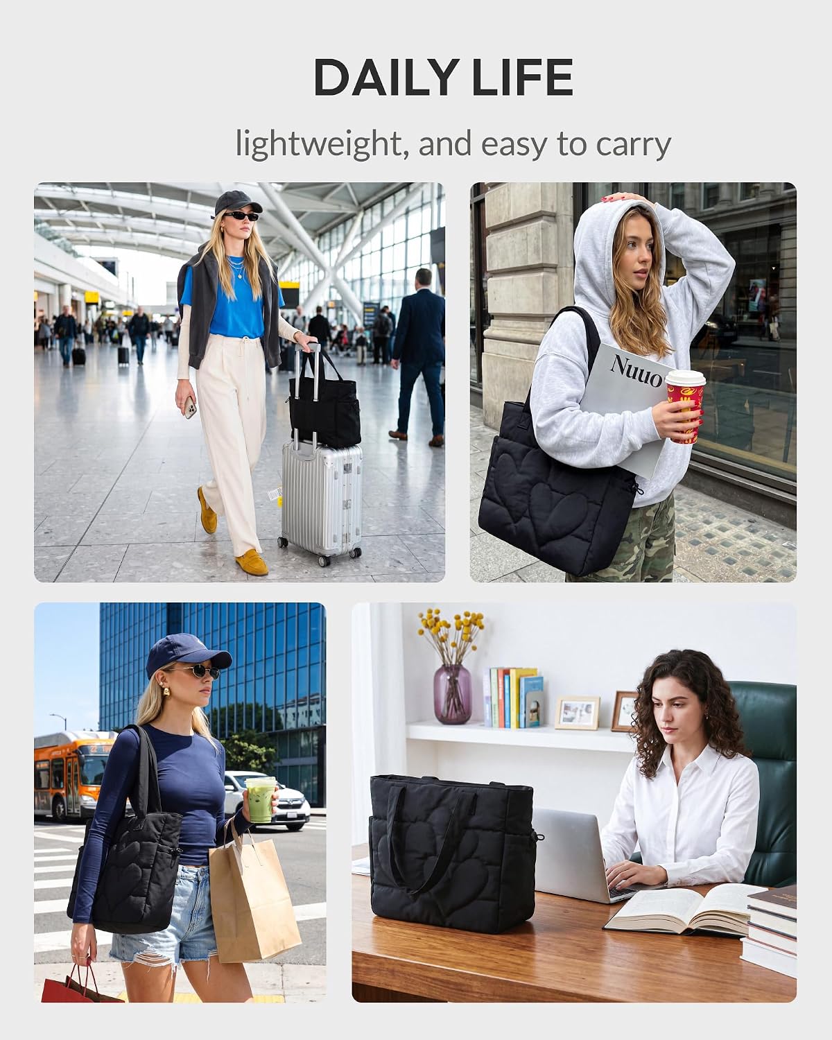 Jeasona Heart Puffer Tote Bag for Women, Lightweight Bag for Travel, Work