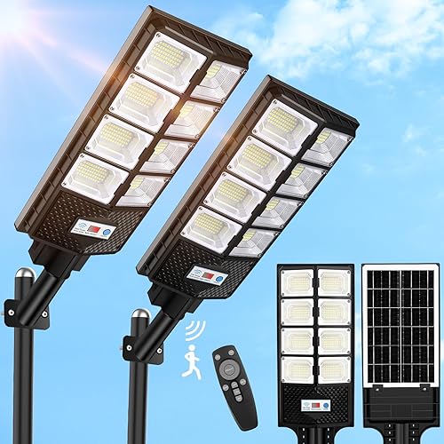 VUAA Paquete de 2 farolas solares impermeables para exteriores, 10000 lúmenes, 448 LED, luces solares de estacionamiento del atardecer al amanecer,
