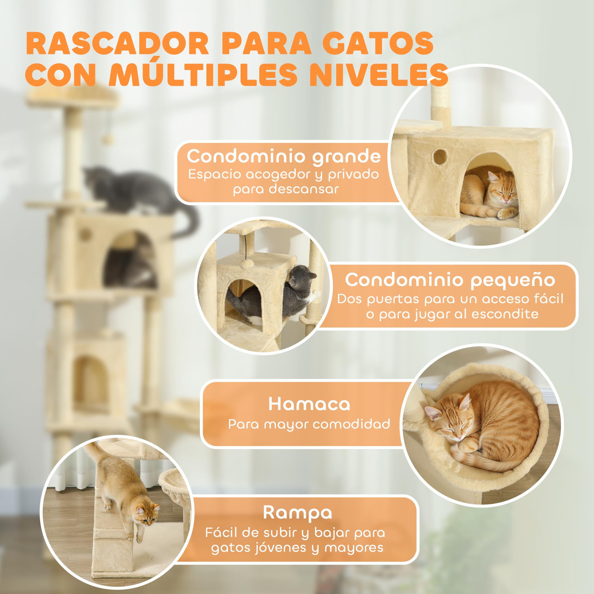 PawHut Árbol Rascador para Gatos, Árbol para Gatos 180 cm, Torre Escalador con Múltiples Plataformas, Cama, 2 Cuevas, Hamaca, Escalera, Postes de Sisal, Bolas para Jugar, Beige