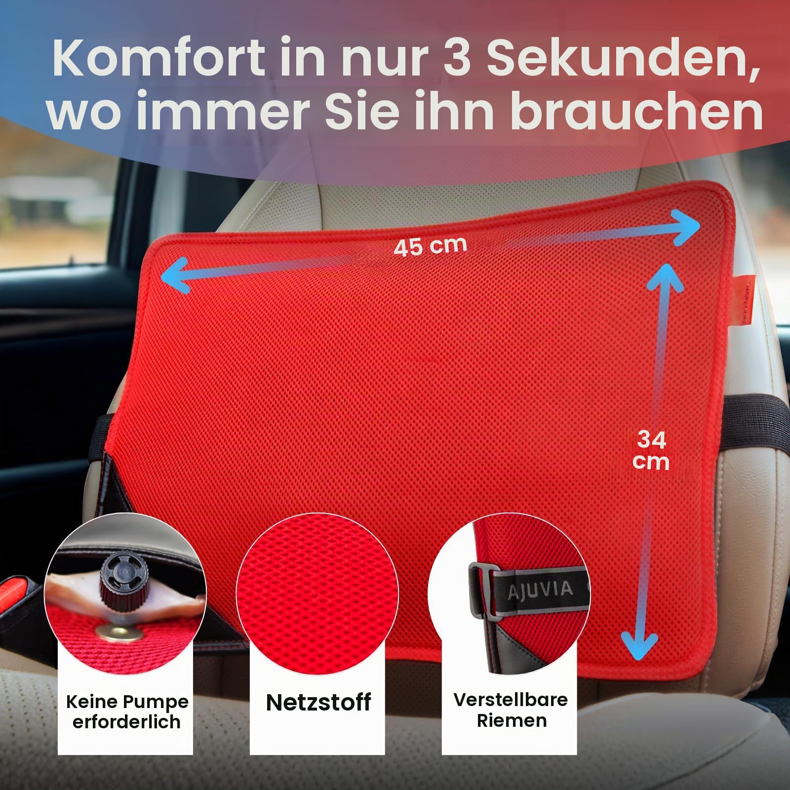Ajuvia Back Vitalizer Lendenwirbel-Stützkissen - Stufenlos stützverstellbares Ergonomisches Luftpolster für Bürostuhl & Auto - Atmungsaktiv, Anti-Schwitzen - Unterstützt die Sitzhaltung