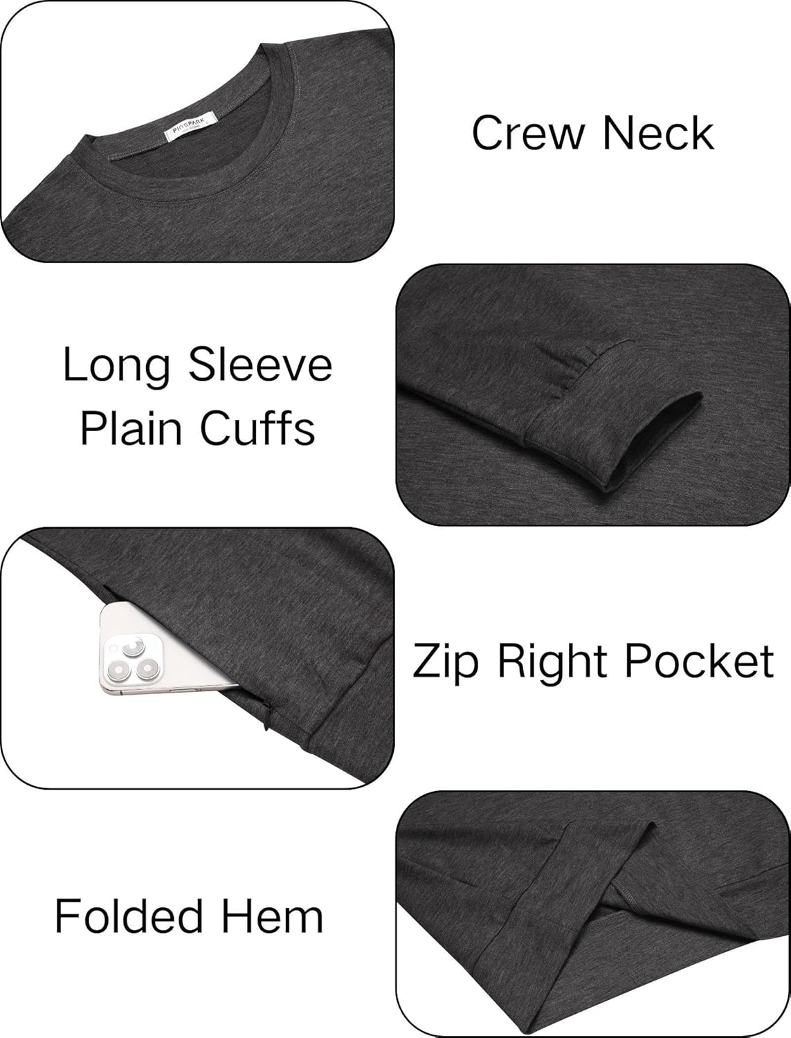 PINSPARK Men's Long Sleeve Shirts Crew Neck T-Shirt Casual Pullover Tees Soft Stretch Basic Tee Shirt with Zipper Pocket - Image 3