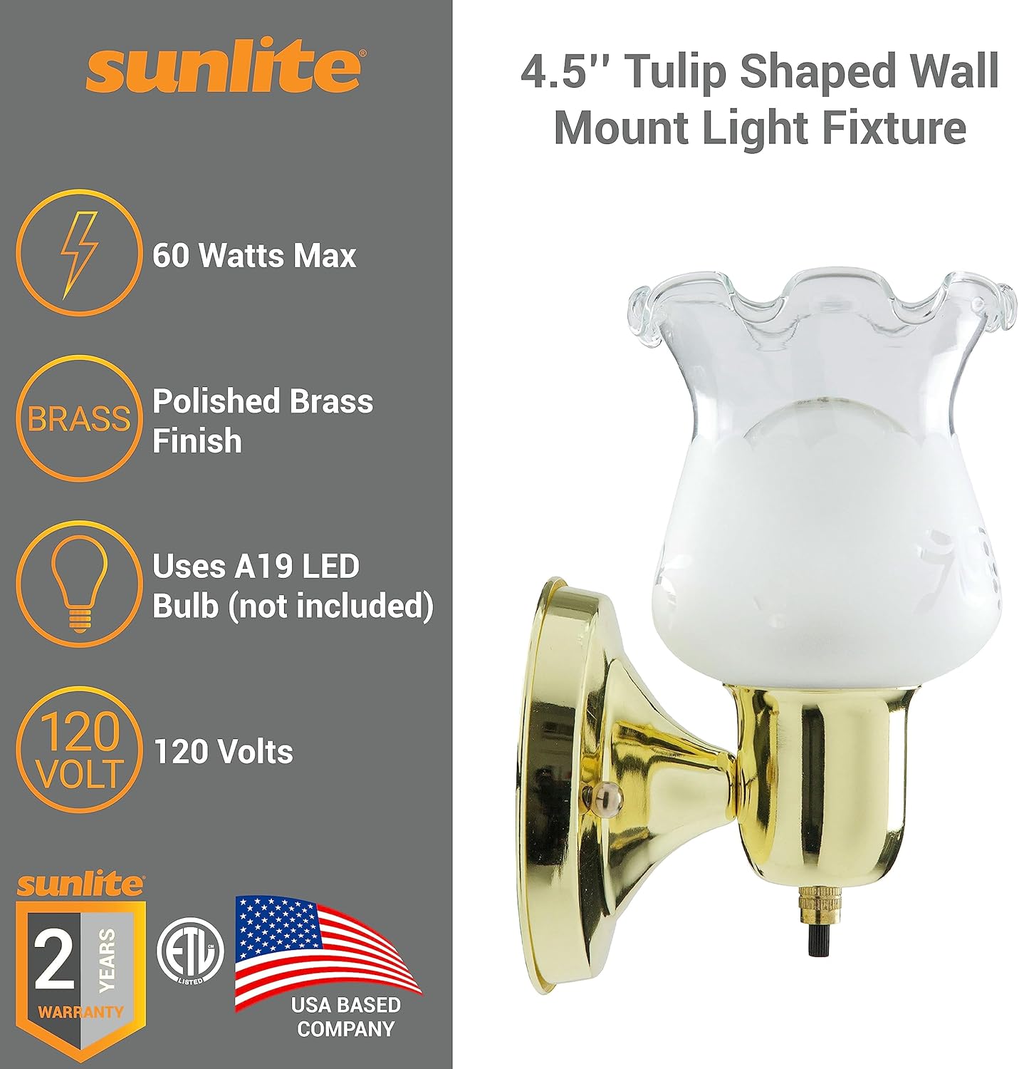 Sunlite 04530 4.5-Inch Tulip Shaped Wall Mount Light Fixture, Polished Brass Finish, 60W A19 Max Bulb, Medium E26 Base, 120 Volts, Built-in Switch, ETL Listed, For Hallways, Living Room and Office Use