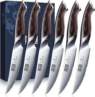 HOSHANHO 6-Piece Meat Knife Set, Ultra Sharp 4.5 Inches, Serrated Table Knives, Japanese Steak Knives AUS-10 High Carbon Steel with Ergonomic Handle