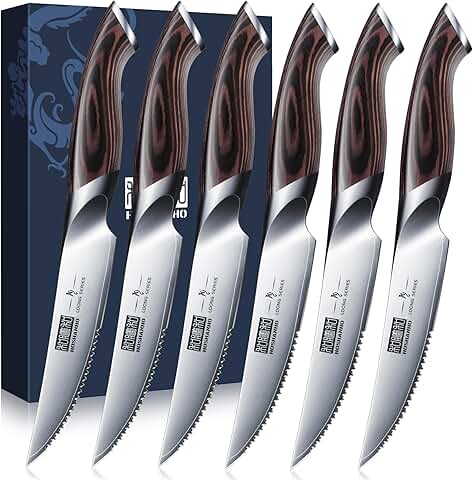 HOSHANHO Steak Knives Set of 6, Ultra Sharp 45 Inch Serrated Steak Knife Set, Japanese High Carbon Steel Kitchen Steak Knives with Ergonomic Handle