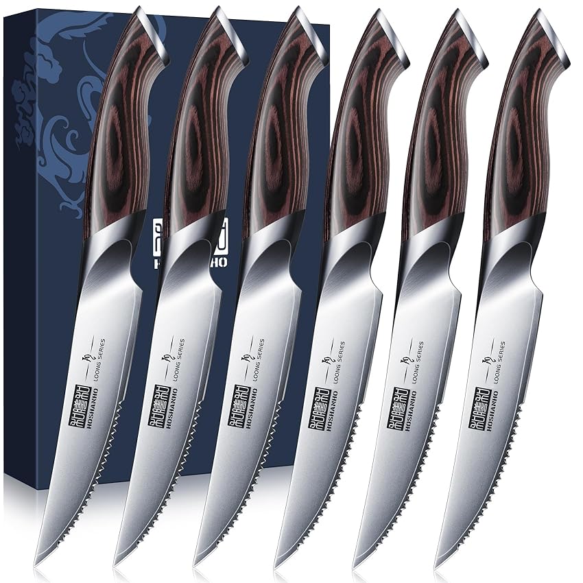 HOSHANHO Coltelli da Bistecca Set di 6, Coltelli da Bistecca Seghettati Ultra Affilata da 11.5 cm, Coltello in Acciaio Inossidabile con Impugnatura Ergonomico