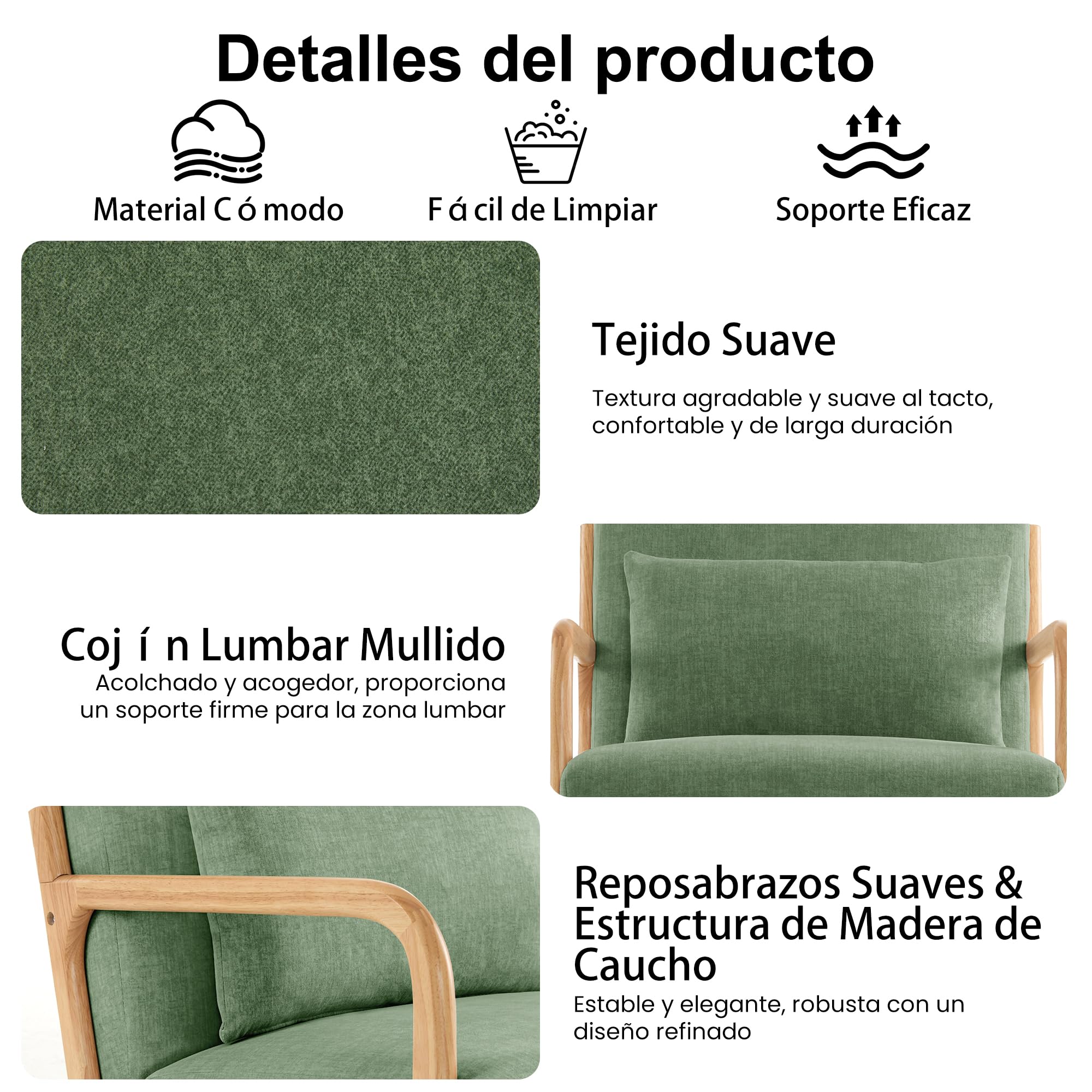 Butacas de Salon Sillon Relax con Cojín Lumbar, Sillones para el Salón Sillón Acolchado de Madera Maciza para Salón y Dormitorio, Sillón de Lectura para Espacios Pequeños Verde 1PC
