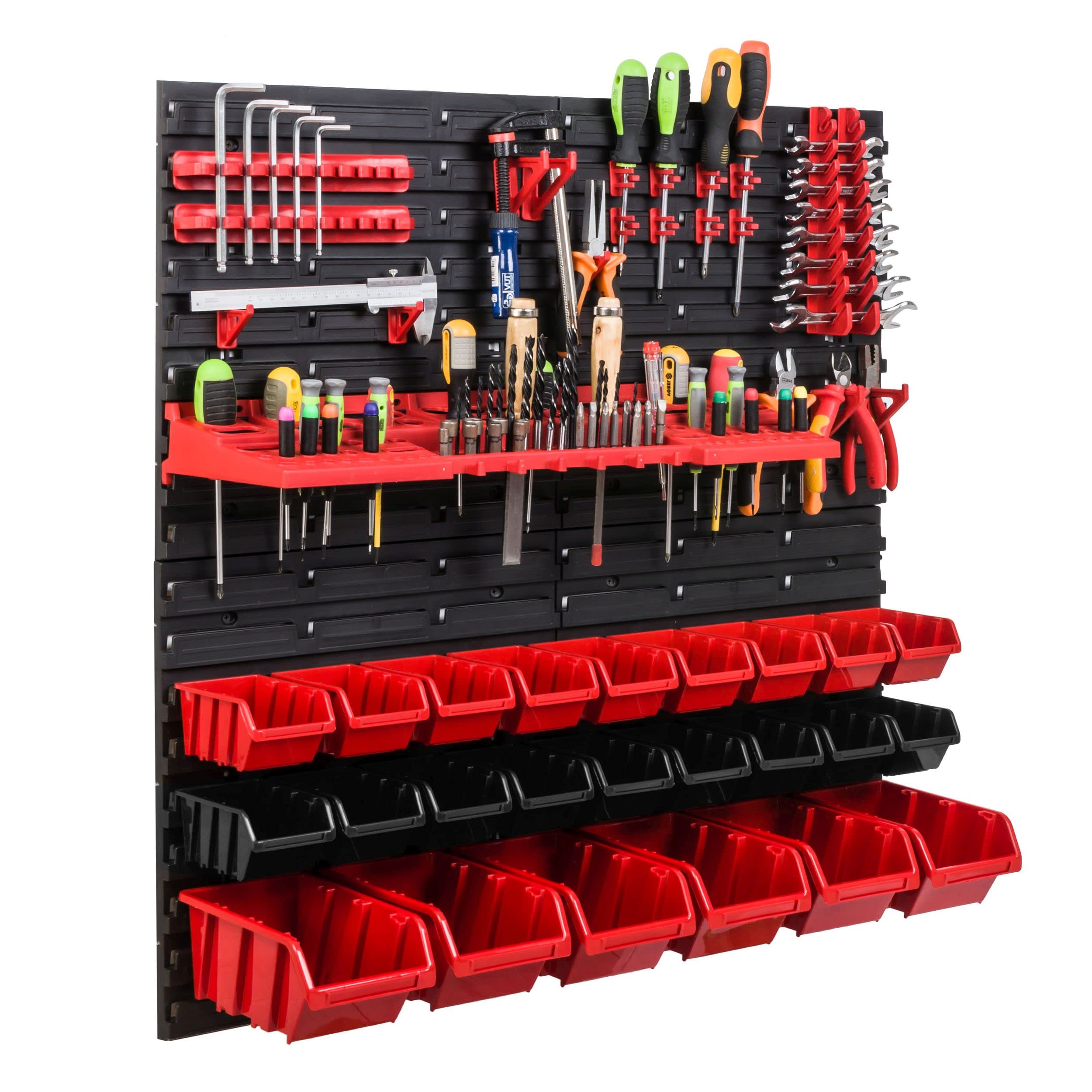 Scaffale da officina, 78 x 78 cm, 24 pezzi, con supporti per attrezzi e scatole impilabili, pannelli da parete, scaffali extra resistenti, per riporre oggetti e garage, scaffali