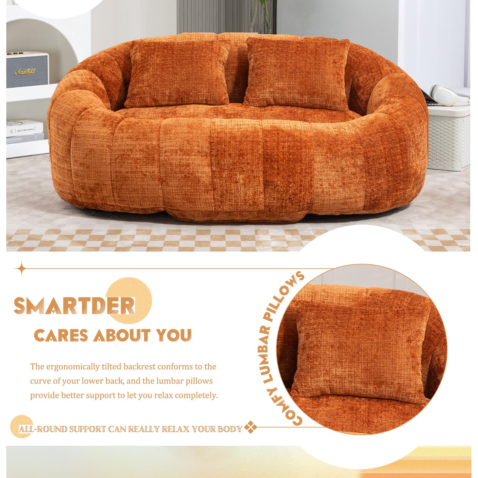 Giant Bean Bag Chair Couch with Foam Filler, Oversized Bean Bag Sofa for Adults,Teens, Comfy Floor Loveseat with 2 Pillows, Lazy Beanbag Lounger for Living Room, Game Room, Office, Chenille Orange