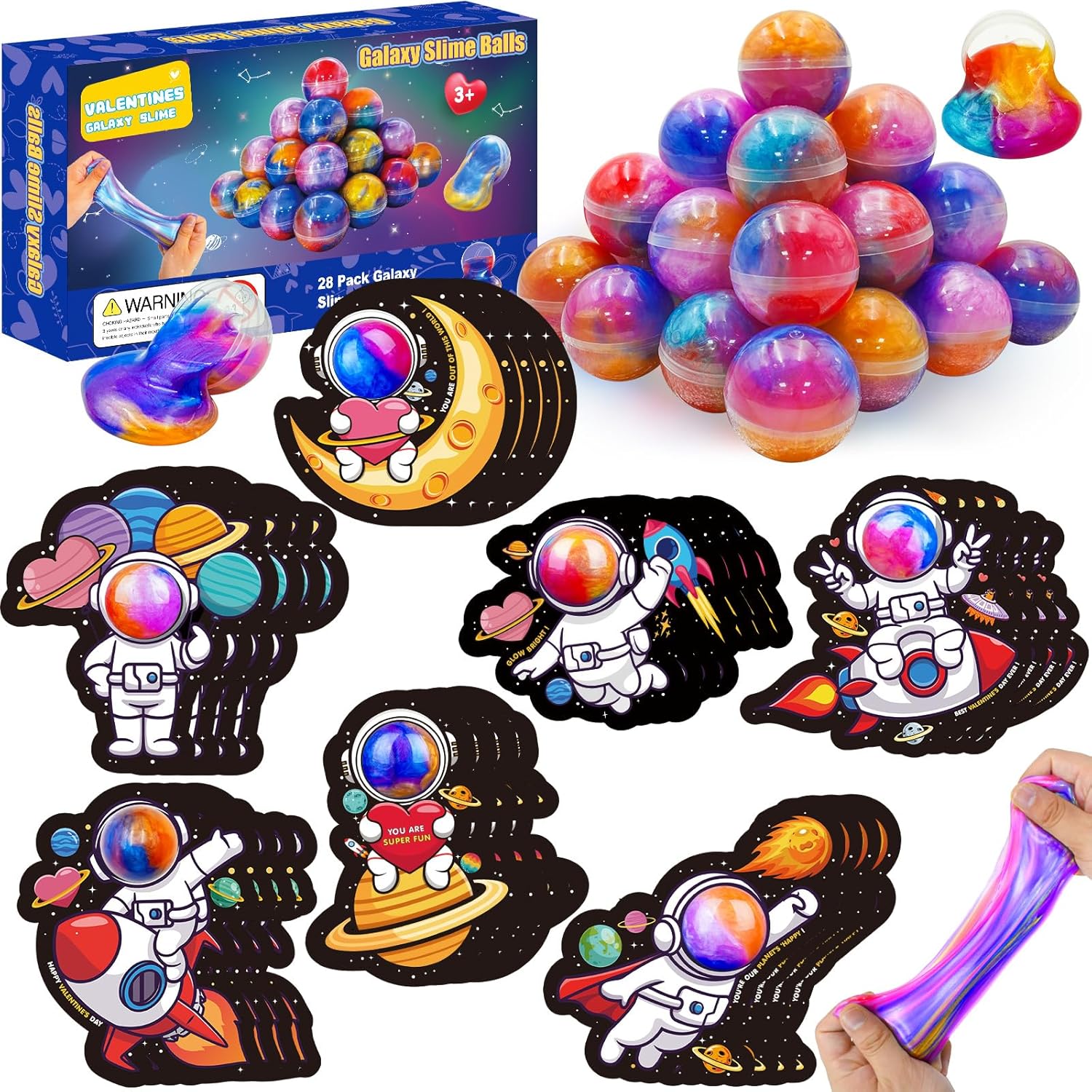 28 Pack Valentines Galaxy Slime Toys for Kids, Galaxy Slime Balls with Valentine's Day Cards Stress Relief Fidget Set for Kids School Classroom Valentines Party Favors Supplies