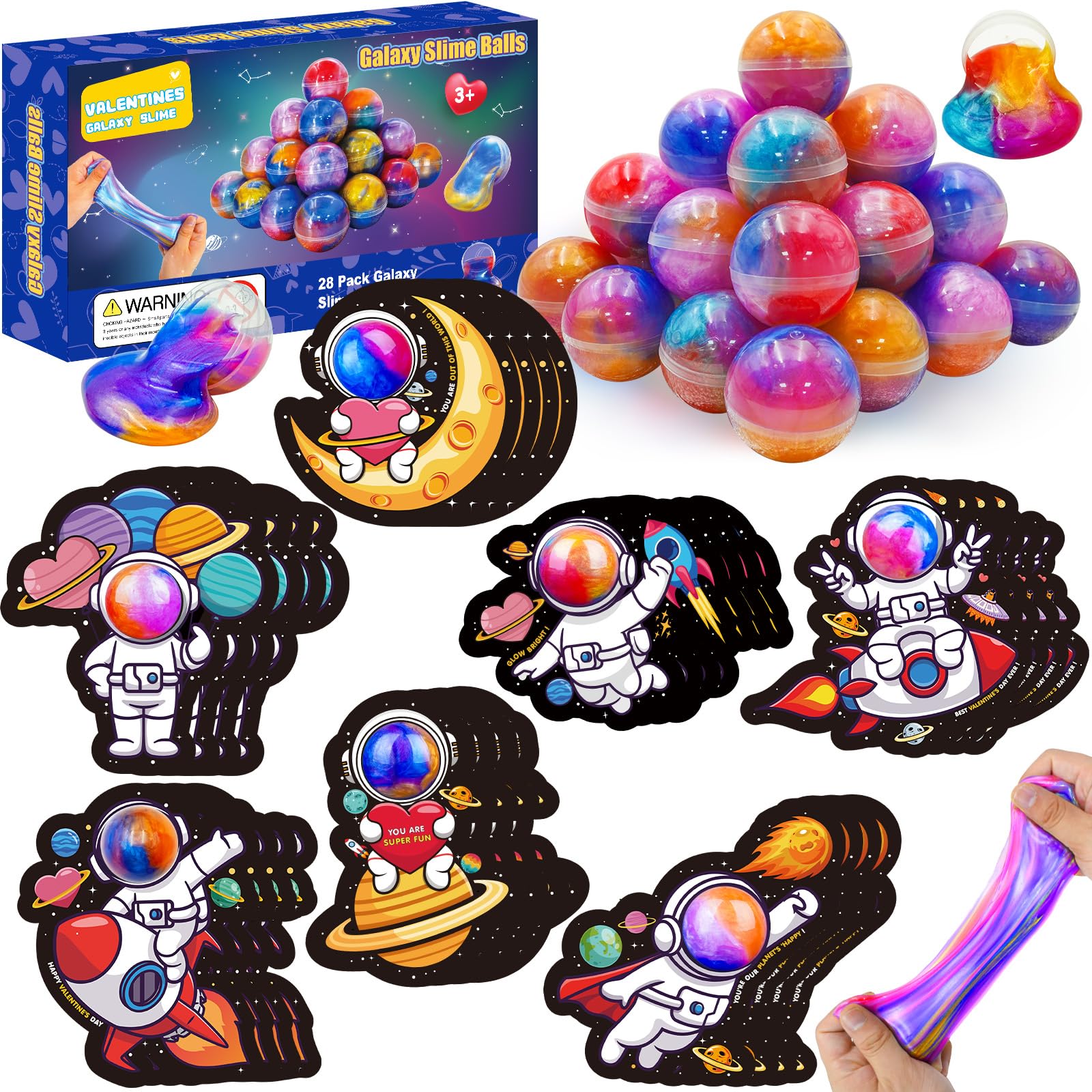 Photo 1 of PIONJOY 28 Pack Valentines Galaxy Slime Toys for Kids, Galaxy Slime Balls with Valentine's Day Cards Stress Relief Fidget Set for Kids School Classroom Valentines Party Favors Supplies