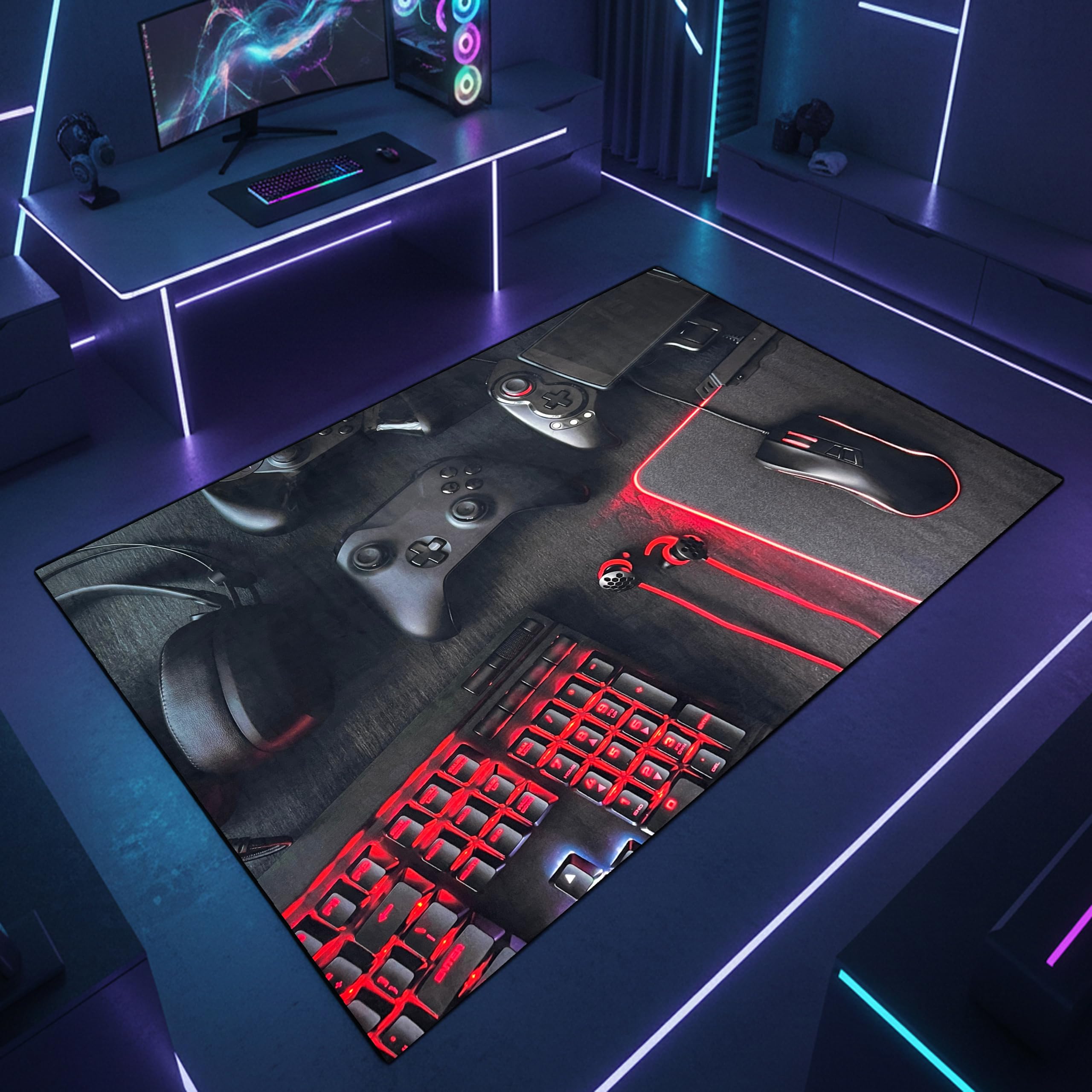 Teppich-Traum Gaming Teppich Konsole Rot Schwarz 160x230 cm | Rote Akzente mit Gamepads und Spielekonsole, rutschfeste Unterseite, strapazierfähig, pflegeleicht und angenehm weich