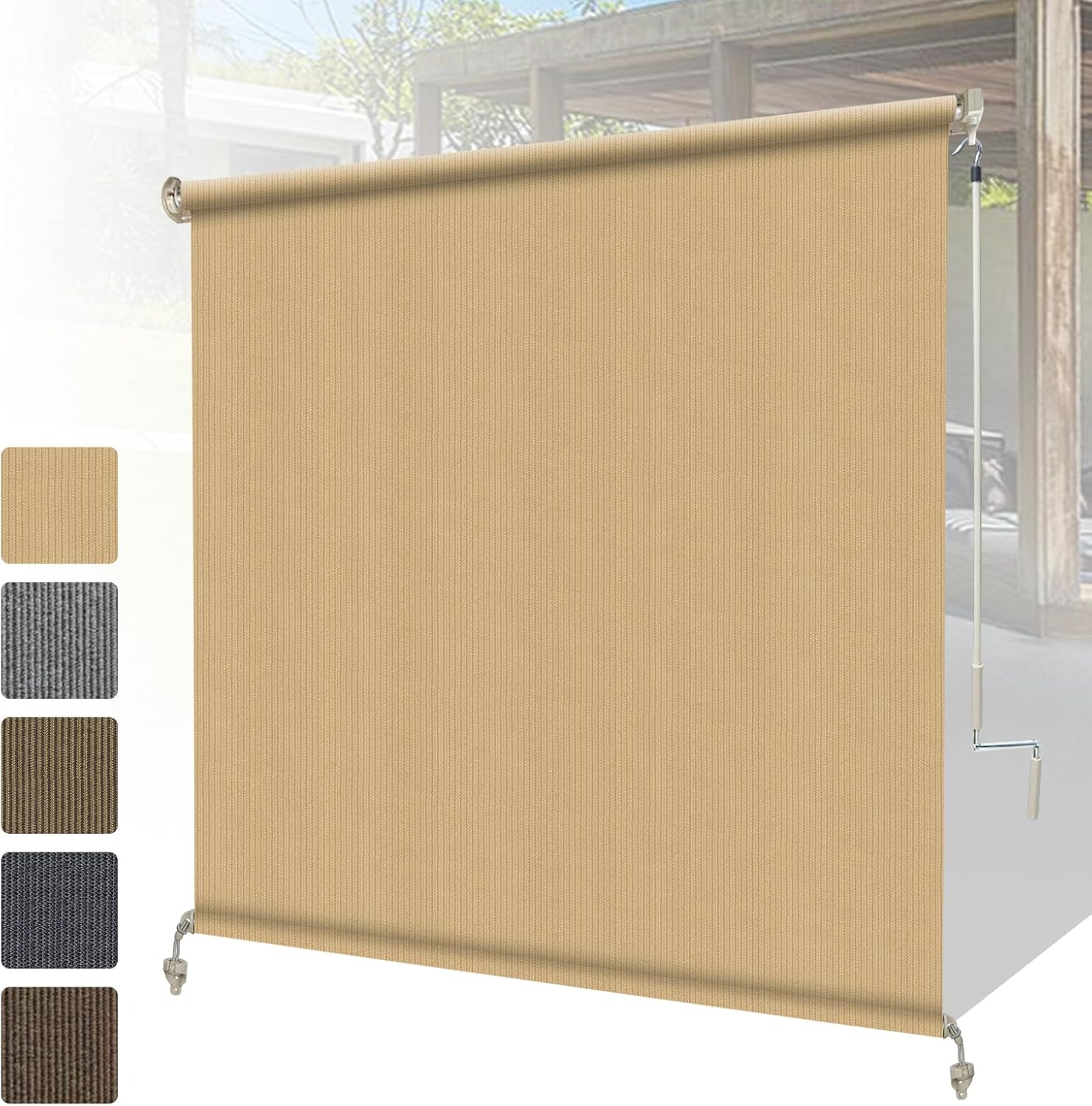 (Similar to stock) Shade&Beyond Outdoor Roller Shades 8' W x 6' H Cordless Patio Roll Up Blinds Exterior Shade Cloth Roll for Porch Gazebo Pergola Balcony Backyard, Spliced of Two Poles, One-Piece Fabric, Wheat 96\" x 72\" Wheat