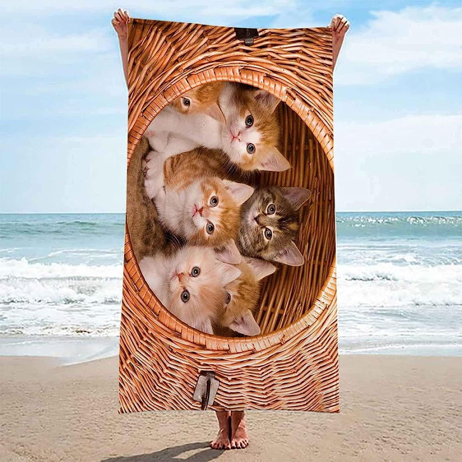 KATATI Serviette de Plage Chat, Séchage Rapide Microfibre Serviette de Bain, Chat Serviettes de Plage 200 x 200 cm, Voyages, Camping, Vacances, Femme Homme Enfant Drap de Plage
