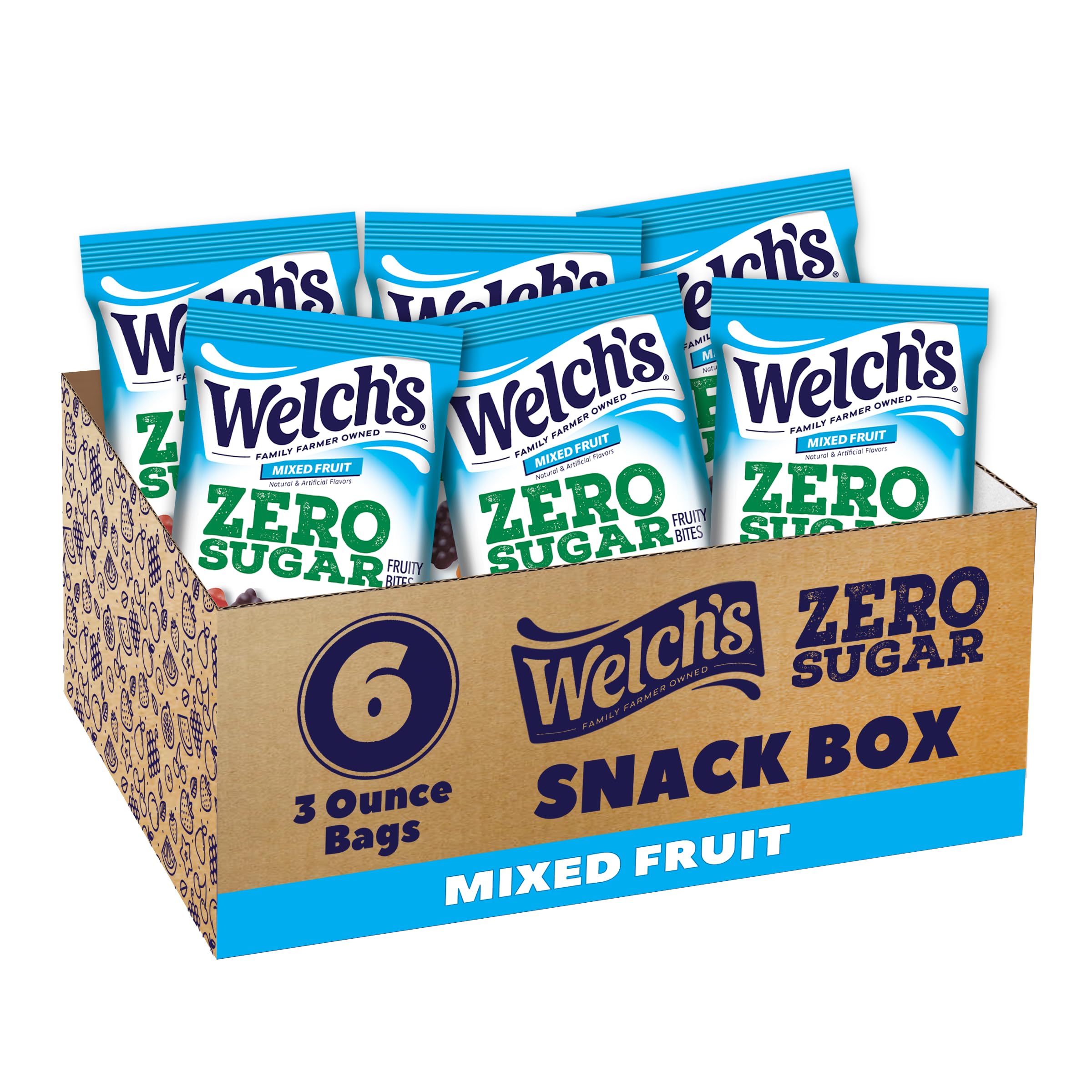 Welch'sZero Sugar Fruity Bites, Mixed Fruit Snack Box, Gluten Free & Sugar Free Snacks, 3oz Snack Packs (Pack of 6)