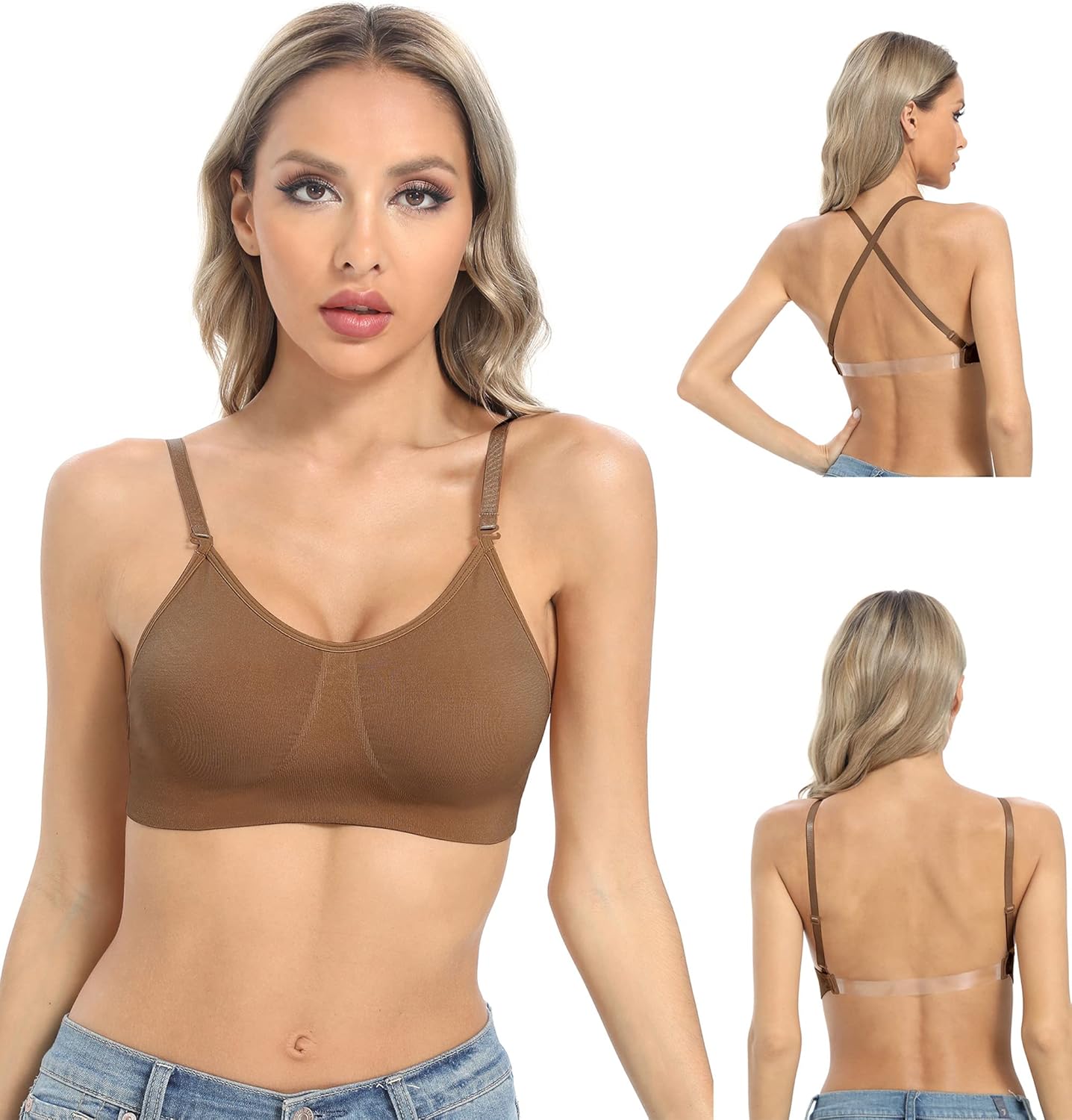 OBICUM Backless Clear Back Bra Convertible Wireless Dance Bra Unpadded Adjustable Straps Low Back