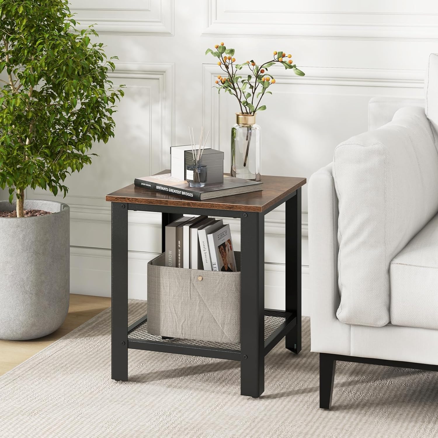 Giantex 2-Tier End Table, 16 Inch Small Side Table w/Mesh Storage Shelf, Industrial Telephone Table with Heavy-Duty Metal Frame, Square Sofa Table for Small Space Living Room, Rustic Brown