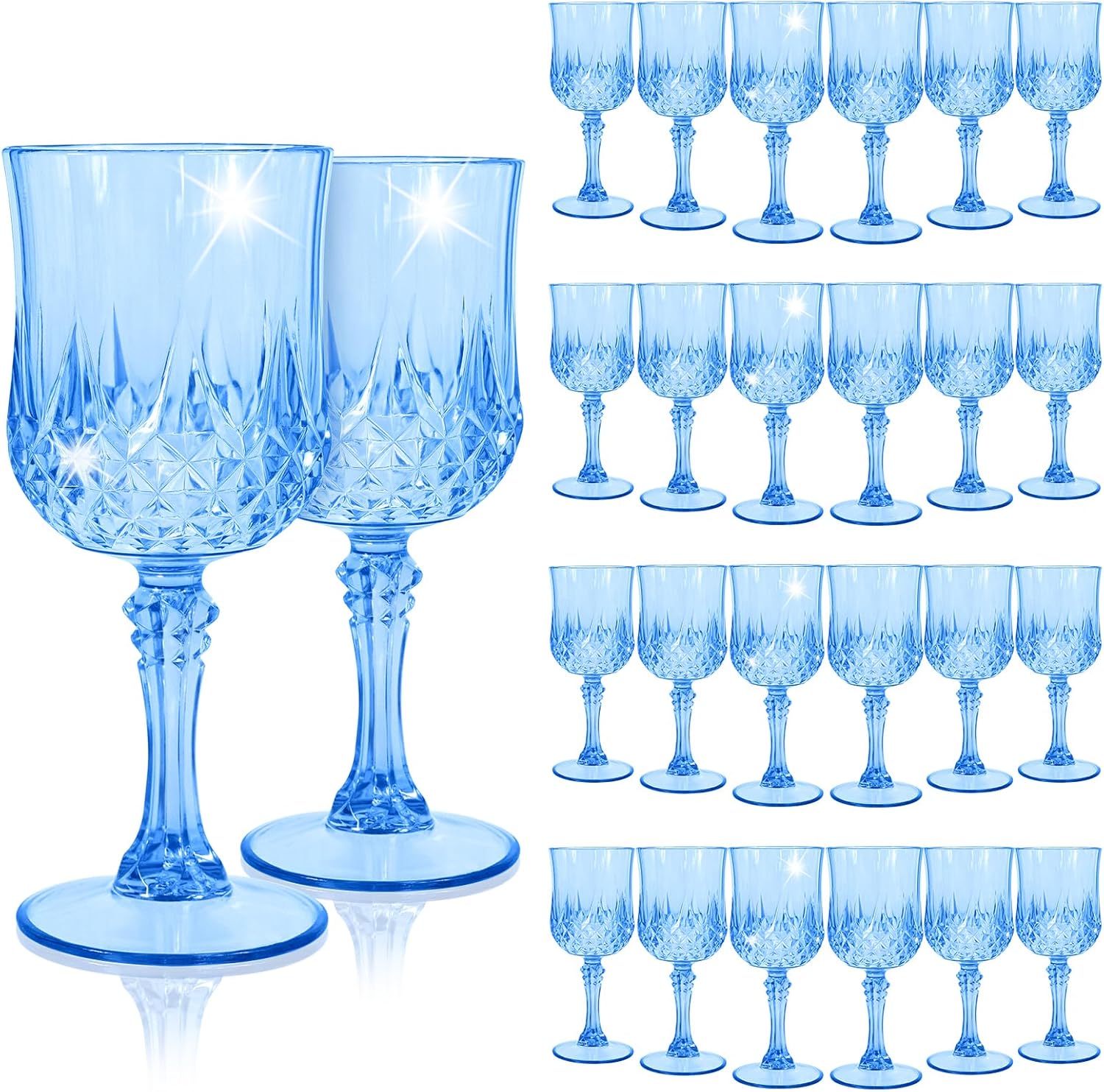 24Pack Blue Plastic Wine Glasses,Vintage Plastic Goblets for Parties, Light Blue Drinking Glasses Crystal Water Goblets Reusable for Wedding Reception, Grand Event Party Supplies