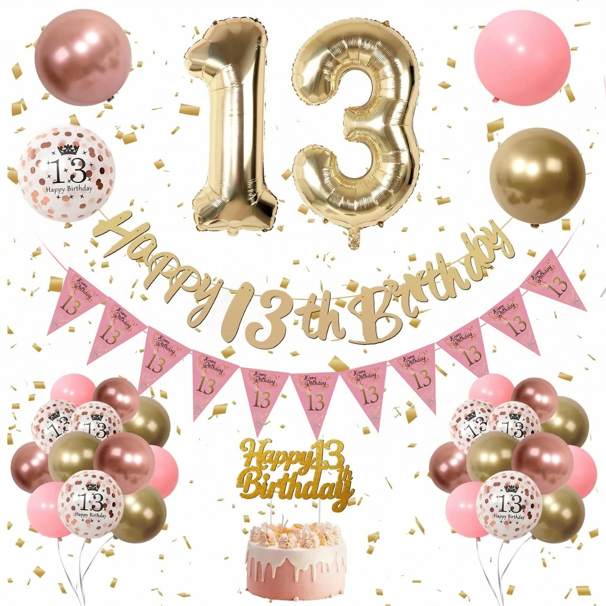 Kradeler 13th Birthday Decorations Women ,Gold Birthday Banner, Retro Pink Gold Latex Balloons Party Decorations Confetti Balloons for Women