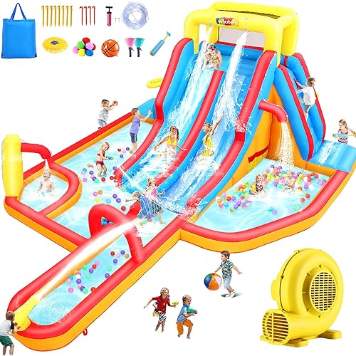 Whubefy Large Inflatable Water Slide Bounce House, 19X14 Ft Waterslide, 840D+420D Oxford Fabric, 2 Long Slide/Splash Pool/680W Blower &10 Accessories, Summer Fun Park, Hold for 10 Kids Backyard