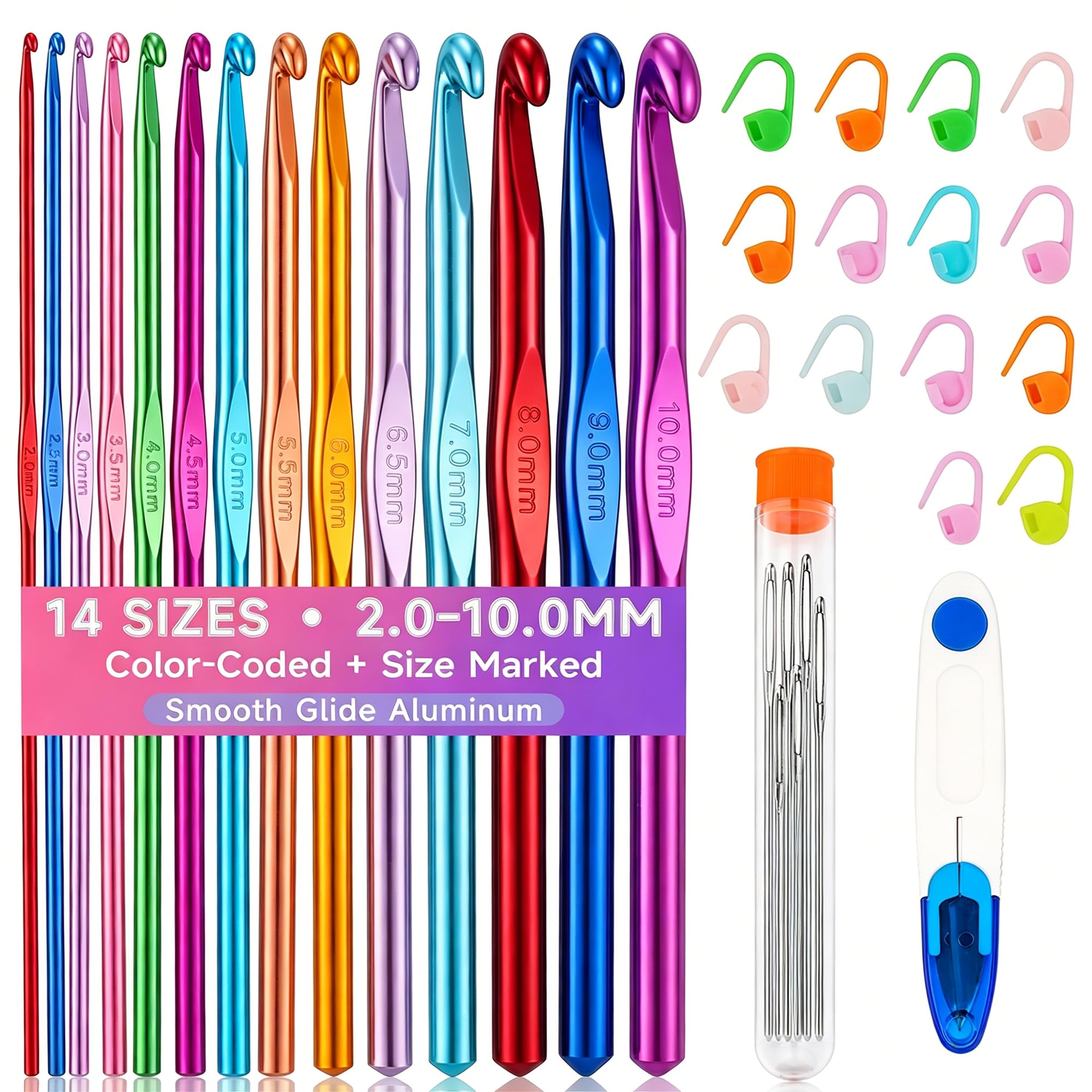 Bofoho Aluminium-Häkelnadel-Set, 2,0–10,0 mm, bunte, leichte Metall-Häkelnadeln für Anfänger, Häkelnadel-Set für Garnhandwerk, Schals, Hüte, Decken und Amigurumi, 14 Größen