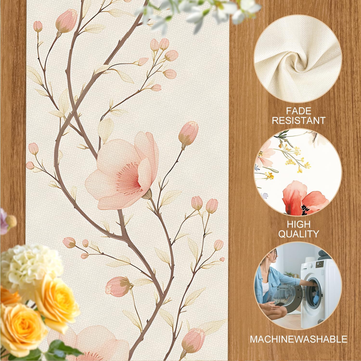ANNA QUEEN Floral Table Runner and Placemats Set of 6, 13"x72" Beige Blossom Table Runner with 12"x18" Placemats, Flower Dining Table Decor for 4 to 6 People, Elegant Kitchen Set