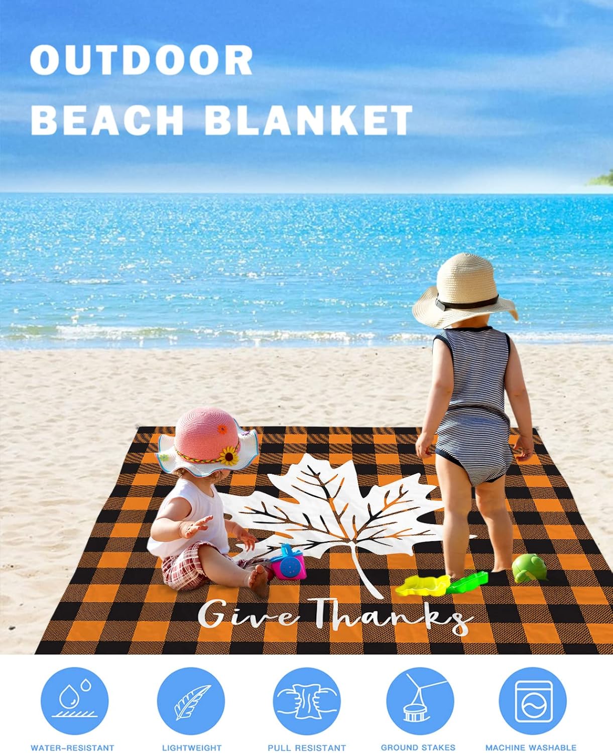 Autumn Maple leaves on Buffalo Lattice Beach Blanket Waterproof Sandproof Outdoor Picnic Mat 83"x79" Thanksgiving Orange Black Lightweight Large Beaach Blankets with 4 Stake & 4 Corner Pockets