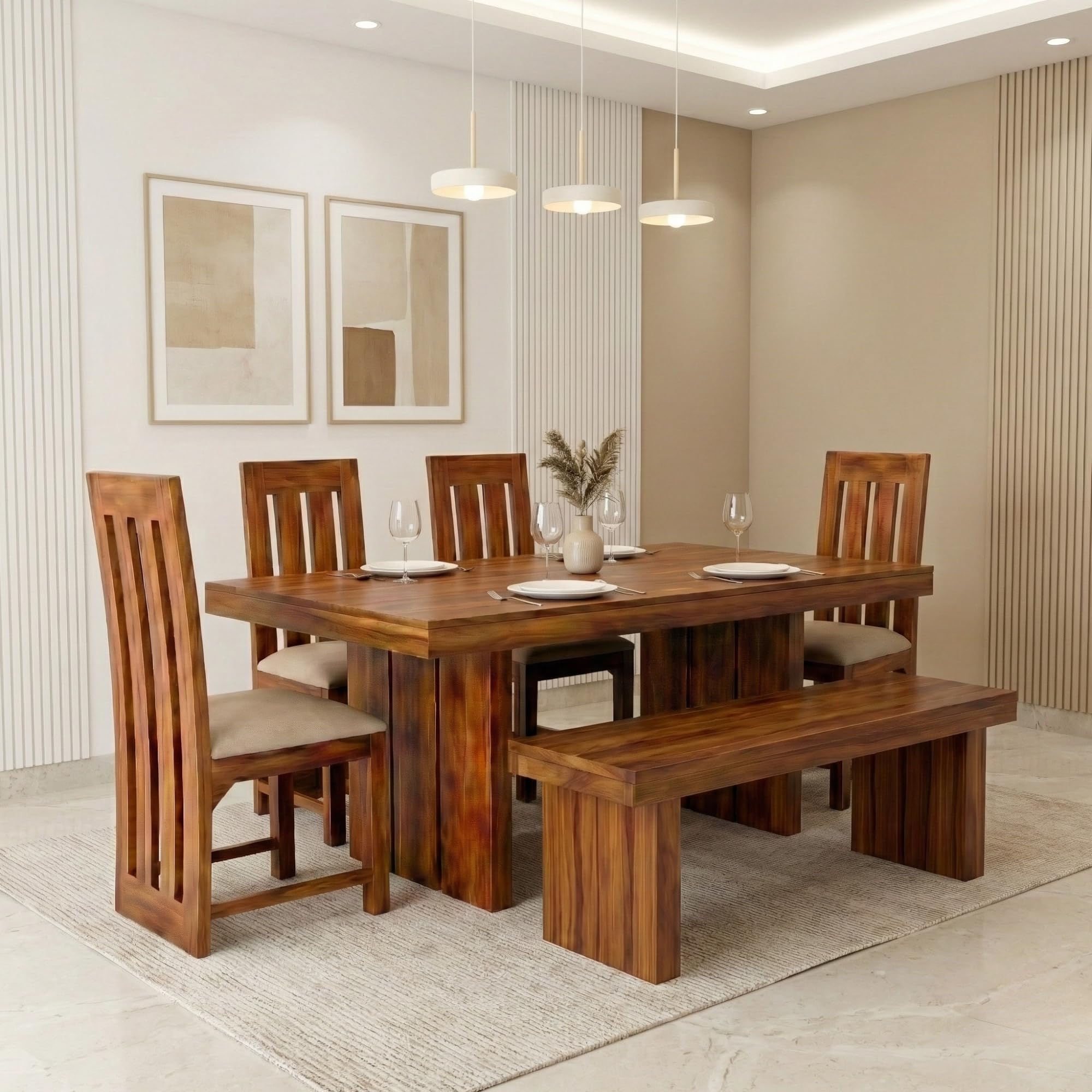 SONA ART & CRAFTS Solid Sheesham Wood Dining Table Set 6 Seater Dinner Dinning Table with 4 Chair with Bench for Dining Furniture for Living Room Home Hotel Office Self Assembly (Honey Finish)